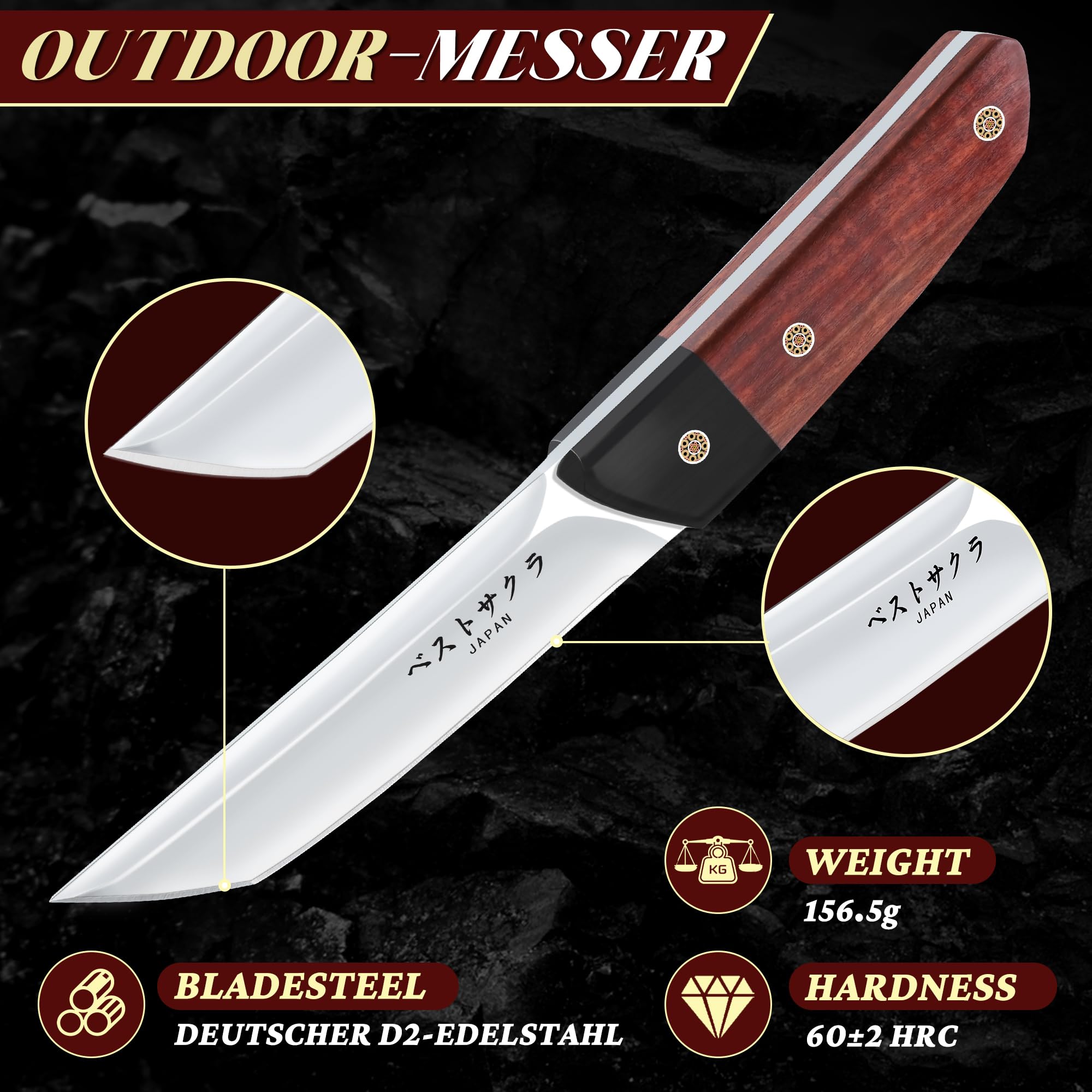 Japanisc-Tanto-Outdoor-Messer mit feststehender Klinge – Robustes Survivalmesser aus D2-Edelstahl mit Holzscheide, Geeignet für Wanderungen, Bergsteigen, Dschungeltrekking Geschenke zum Sammeln