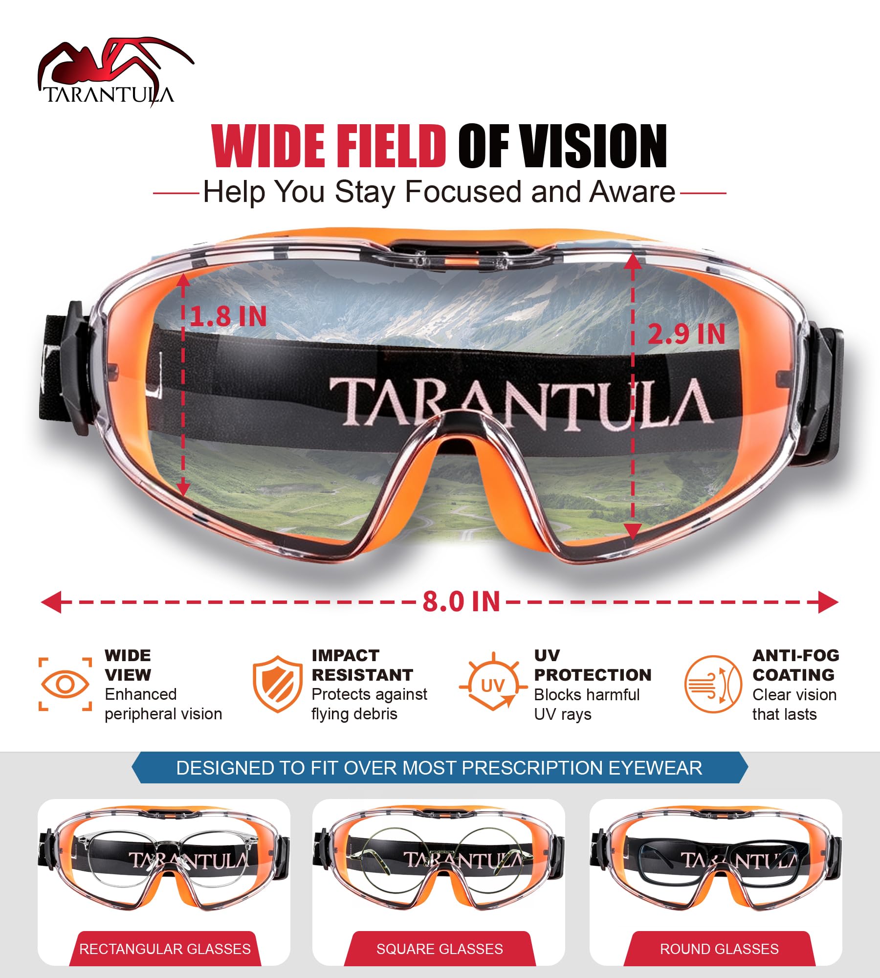 Tarantula ANSI Z87.1+ - Gafas de seguridad sobre gafas, lentes UV380 antivaho y antiarañazos, correa ajustable, protección ocular de alto impacto para laboratorio, carpintería y bricolaje