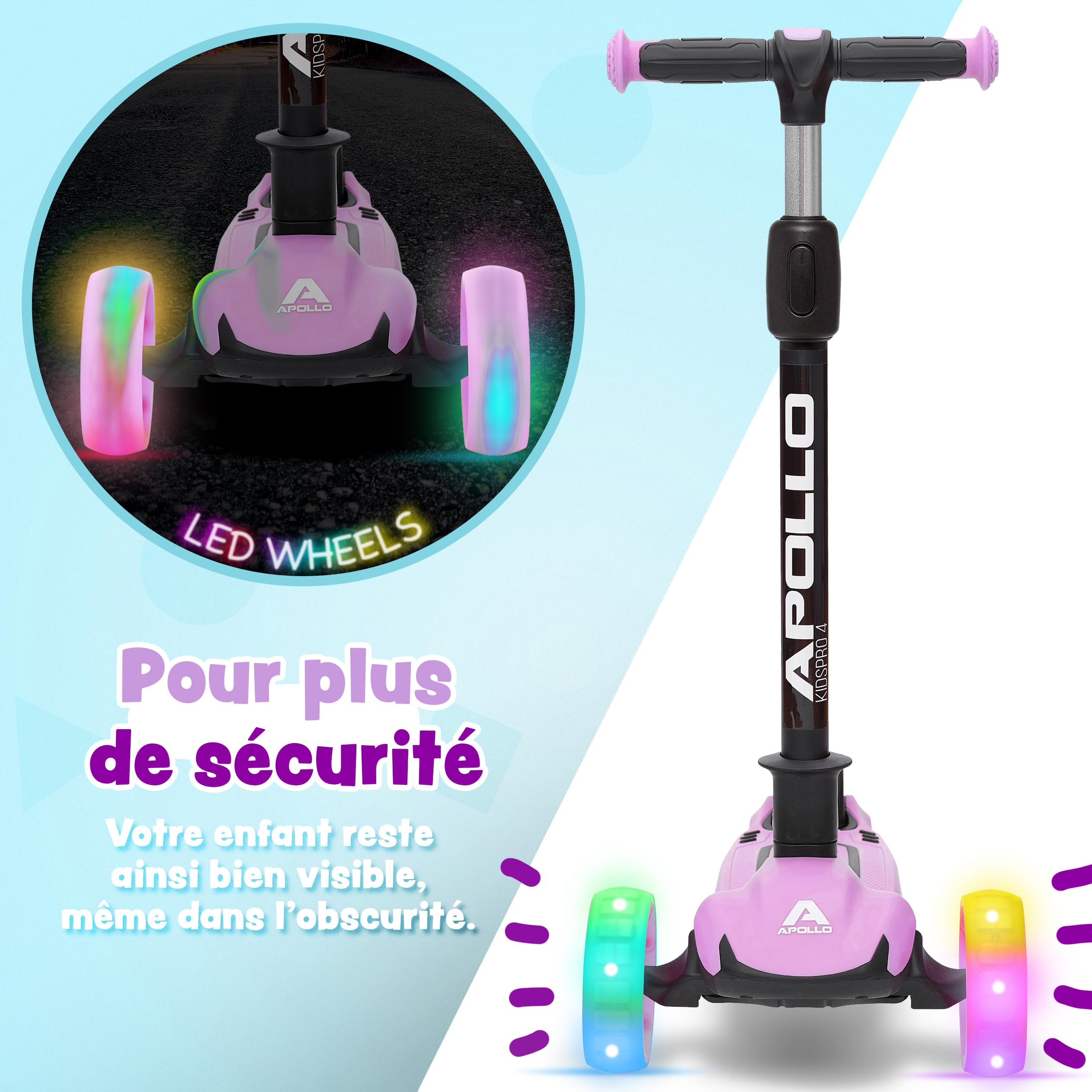 Apollo Trottinette Enfant Pliable KidsPro 4 – Trottinette Enfants 3 Roues Réglable en Hauteur - Trottinette Enfant 3 Ans et Plus - Trottinette Enfant Pliable Roues à LED – pour Filles et Garçons