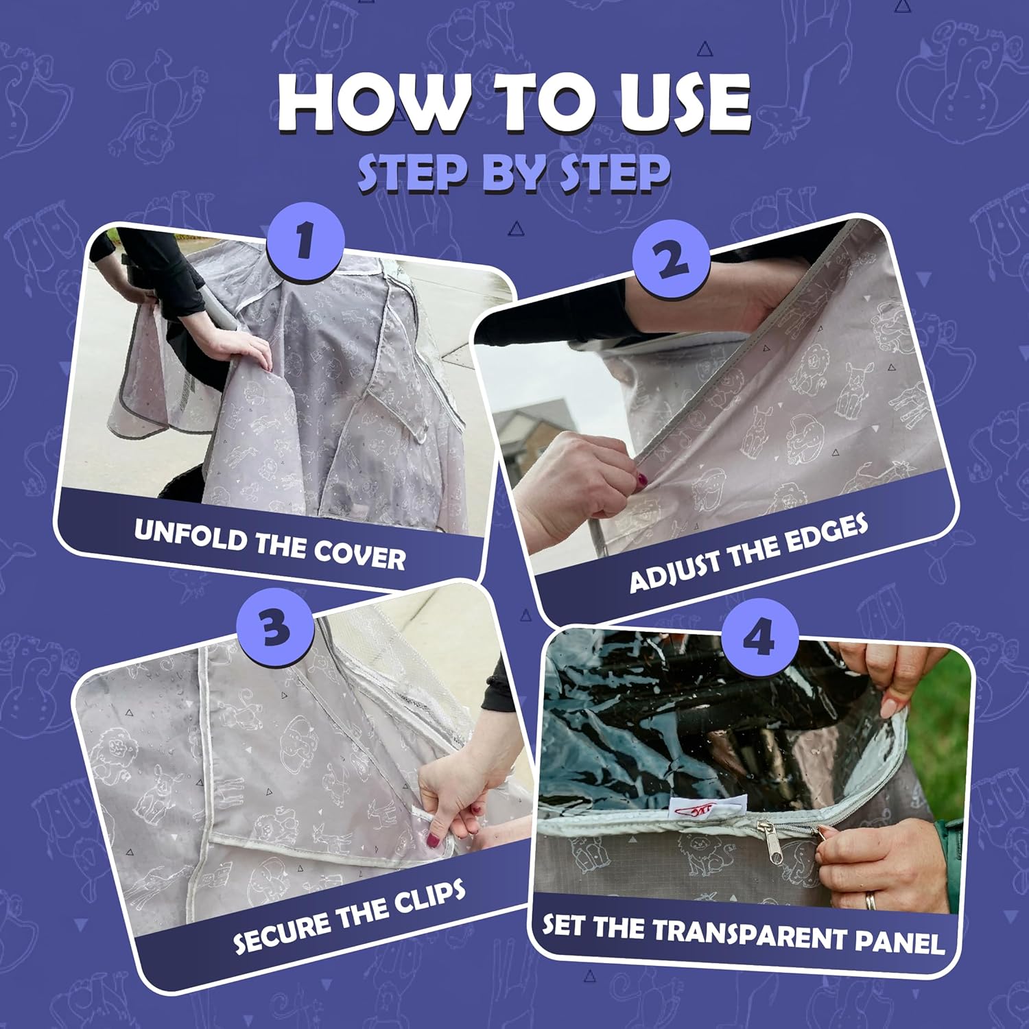 Mommy’s Helper Universal Stroller Rain Cover with Zoo Animal Design – Waterproof Weather Shield, Clear Front Window & Roll-Up Panel, Machine Washable, Grey