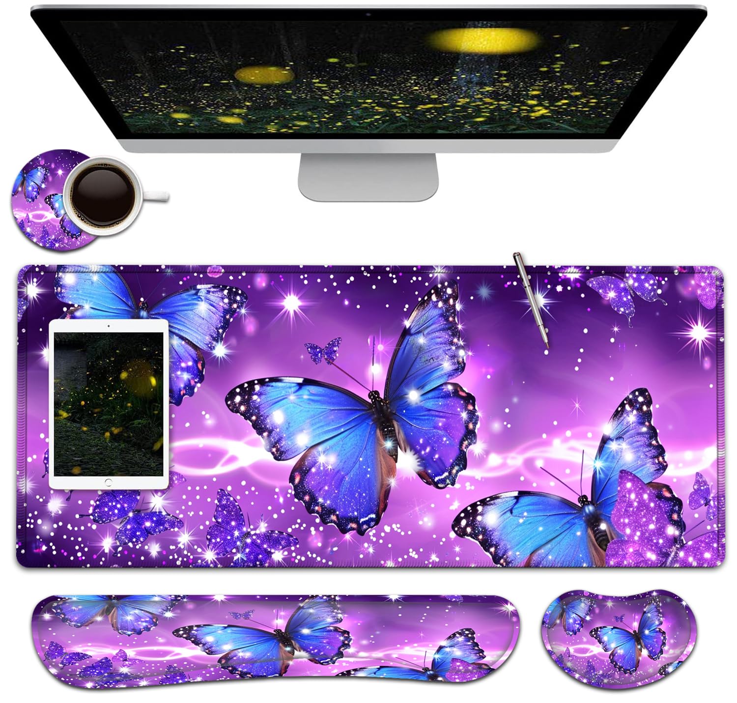 Großes Mauspad + Tastatur-Handgelenkauflage-Set, erweitertes Gaming-Mauspad (80 x 29 cm) mit rutschfestem Gummi, ergonomische Handgelenkauflage aus Memory-Schaum, blaue Schmetterlings-/Violett-Muster