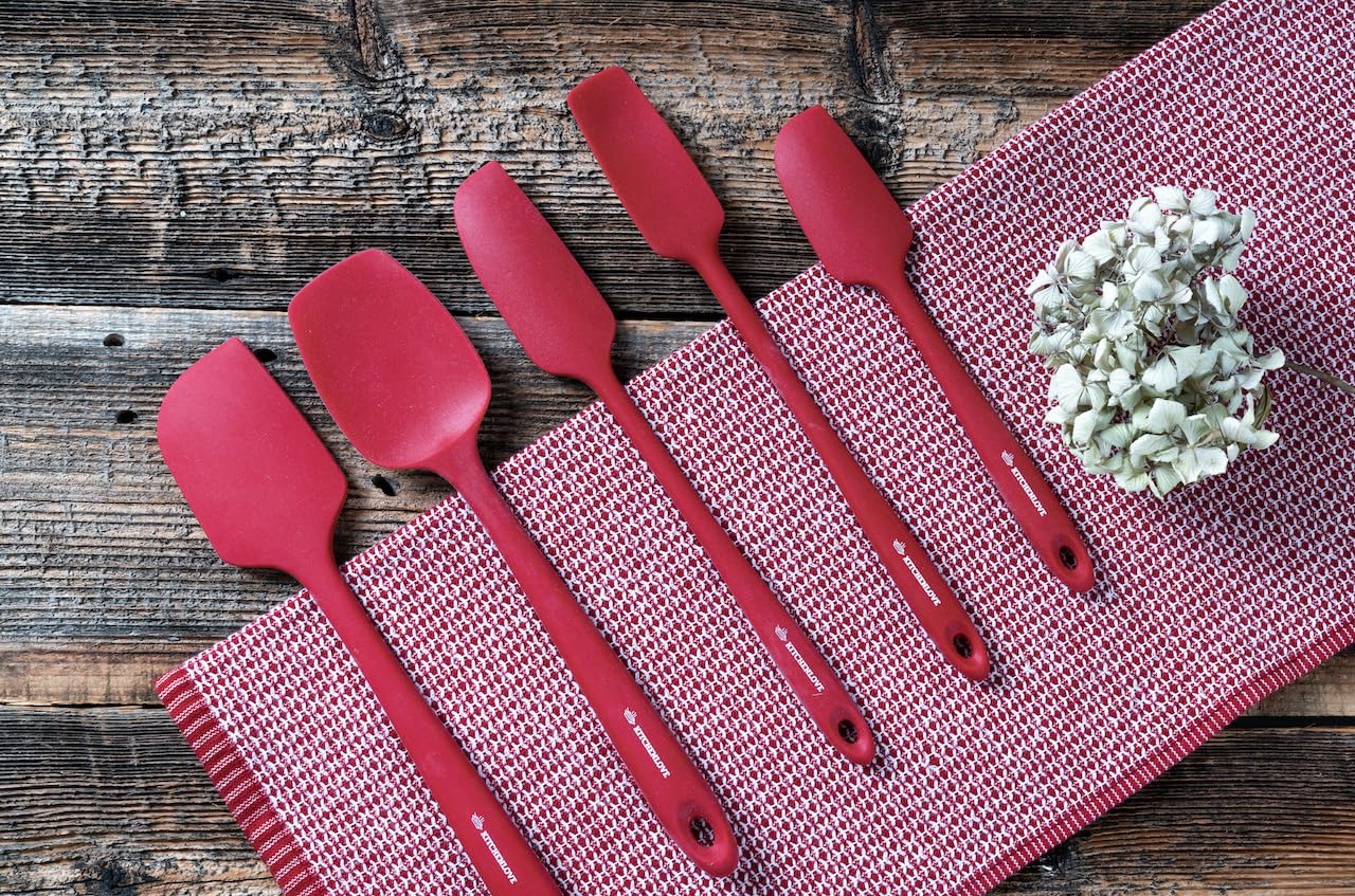 KITCHENLOVE Juego de 5 espátulas de silicona resistentes al calor de alta calidad para hornear, cocinar, mezclar, antiadherentes con núcleo de acero de hierro S de alta calidad, diseño de una pieza