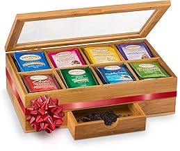 Tea Bag Organizer - Christmas Gift Bamboo Tea Box Organizer Storage Box, Tea Bag Holder with Drawer & Acrylic Window, Magnetic Lid Keeps Tea Bags Fresh - Tea Organizer Caddy (Tea Not Included)