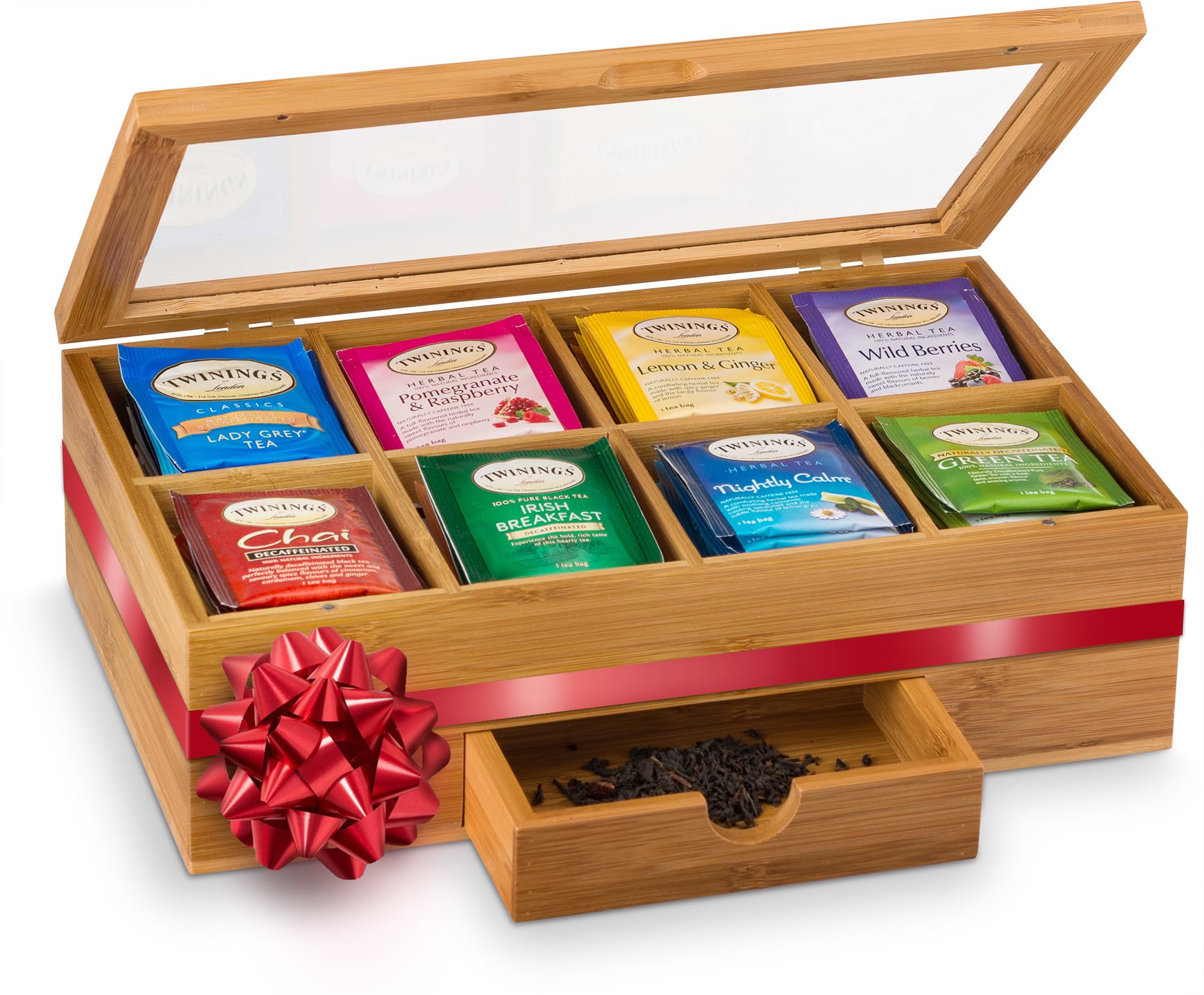 Tea Bag Organizer - Christmas Gift Bamboo Tea Box Organizer Storage Box, Tea Bag Holder with Drawer & Acrylic Window, Magnetic Lid Keeps Tea Bags Fresh - Tea Organizer Caddy (Tea Not Included)