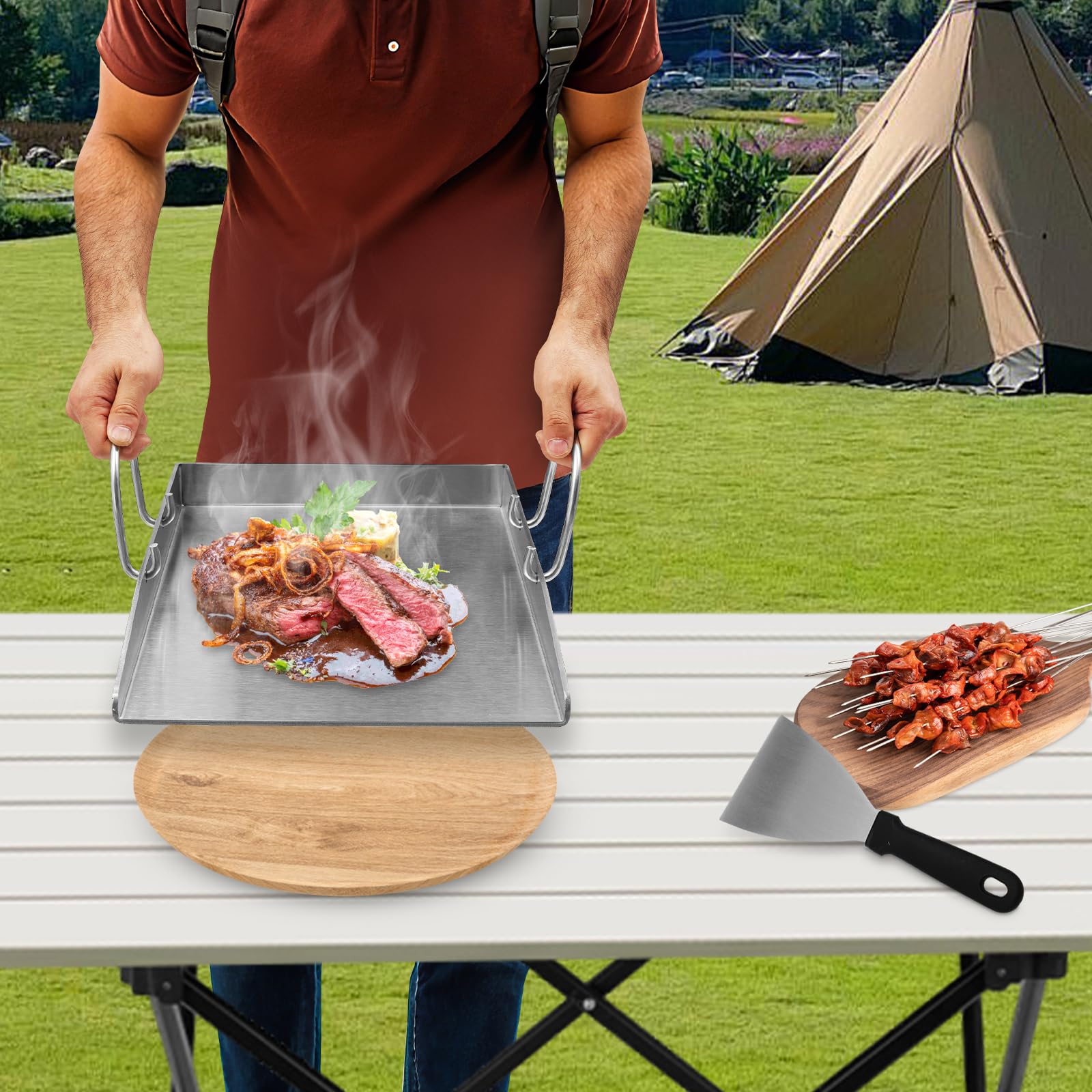 Plancha, piastra per barbecue in acciaio inox, resistente al calore a 338 °C, 40 x 30 cm, con 2 spatole e manici rimovibili, per esterni e campeggio