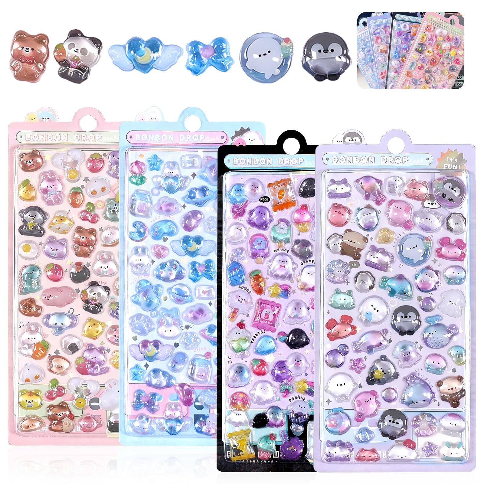 3dシール 立体シール 【4枚セット】手帳用 可愛い 立体 Mocasa ぷっくり かわいい ステッカー 携帯電話飾り手帳 女の子 透明 台紙 用 泡ステッカー デコシール