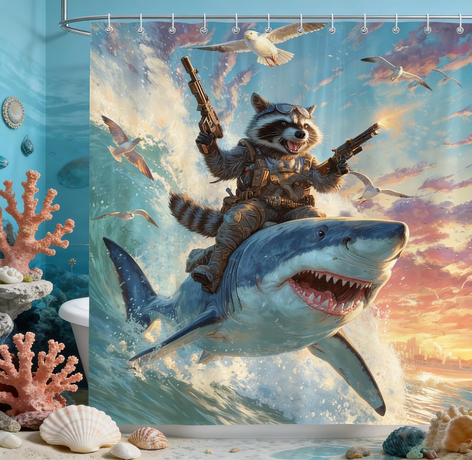 Funny Raccoon Riding Shark Shower Curtain, Fun Cool Animal Ocean Nautical Bathroom Curtains Set, Waterproof Fabric Bath Curtains Decor 72 X 72 Inch