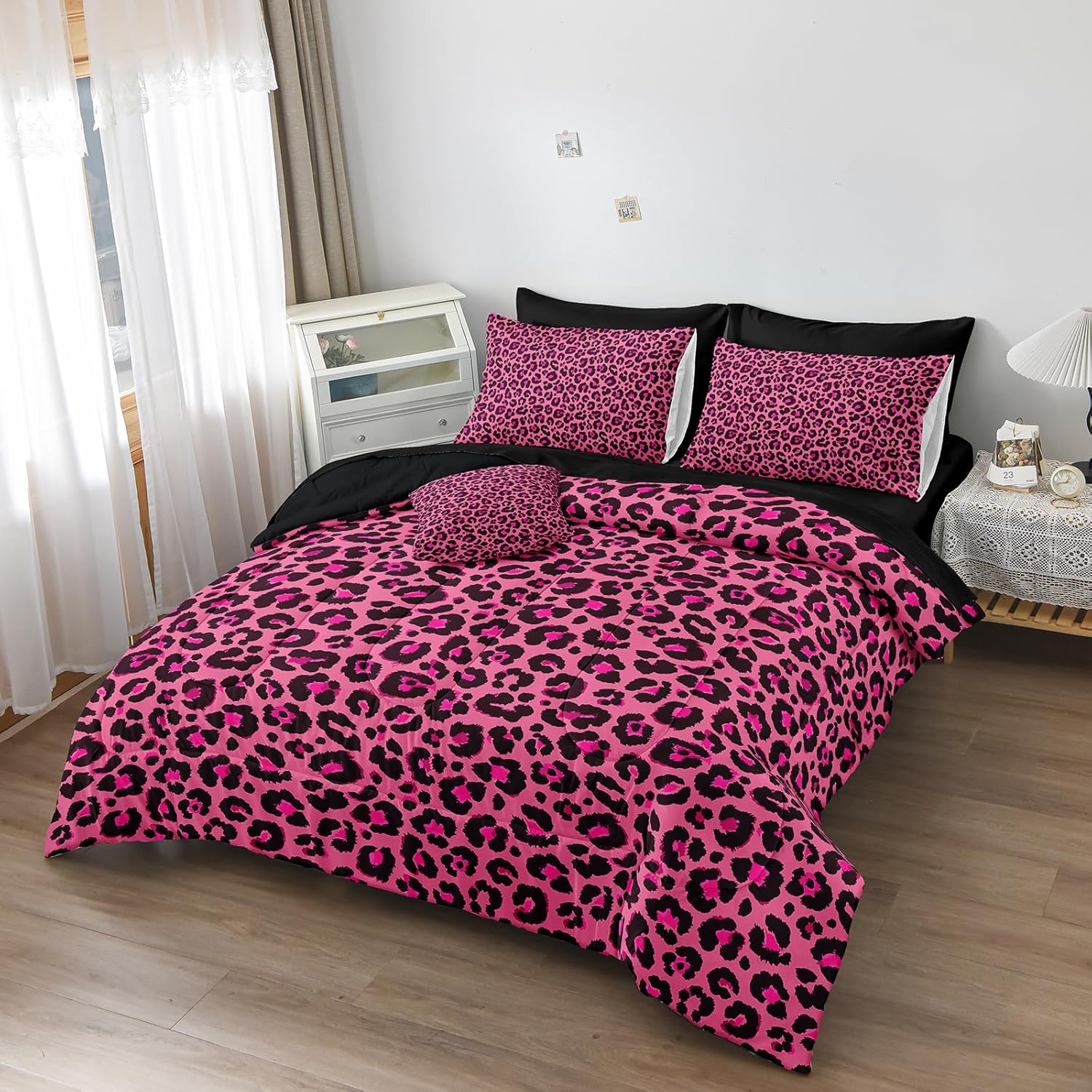 Leopard Print Comforter King Black and Pink Bedding Sets 8 Pcs Hot Pink Cheetah Animal Print Texture Wild Leopard Bed in A Bag with Comforter and Sheet Set