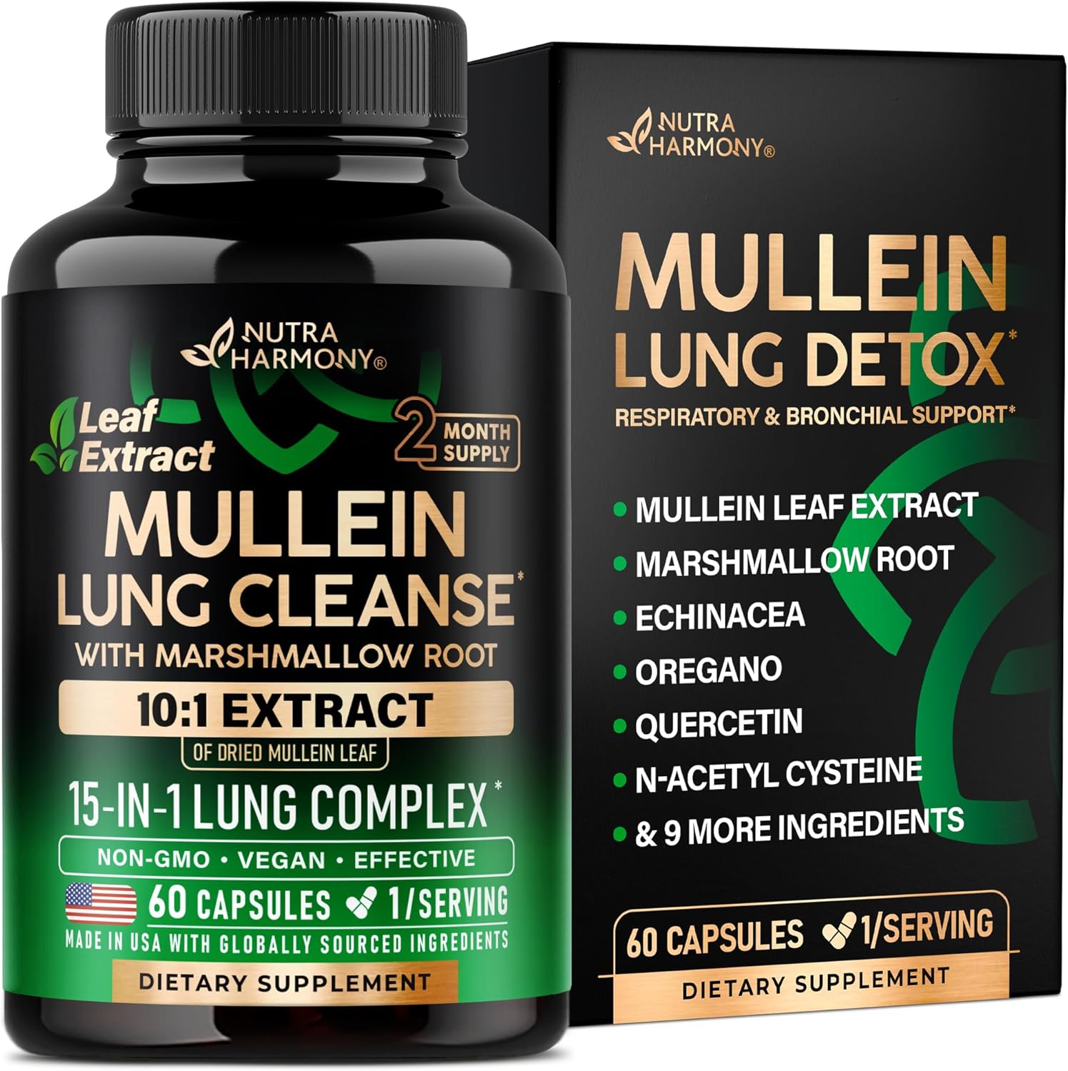 Mullein Lung Detox – Mullein Leaf 10:1 Extract – Marshmallow Root | Echinacea | Oregano | Quercetin | NAC – 15-in-1 Lung Support & Cleanse for Smokers Supplement – for Women & Men – 60 Vegan Capsules