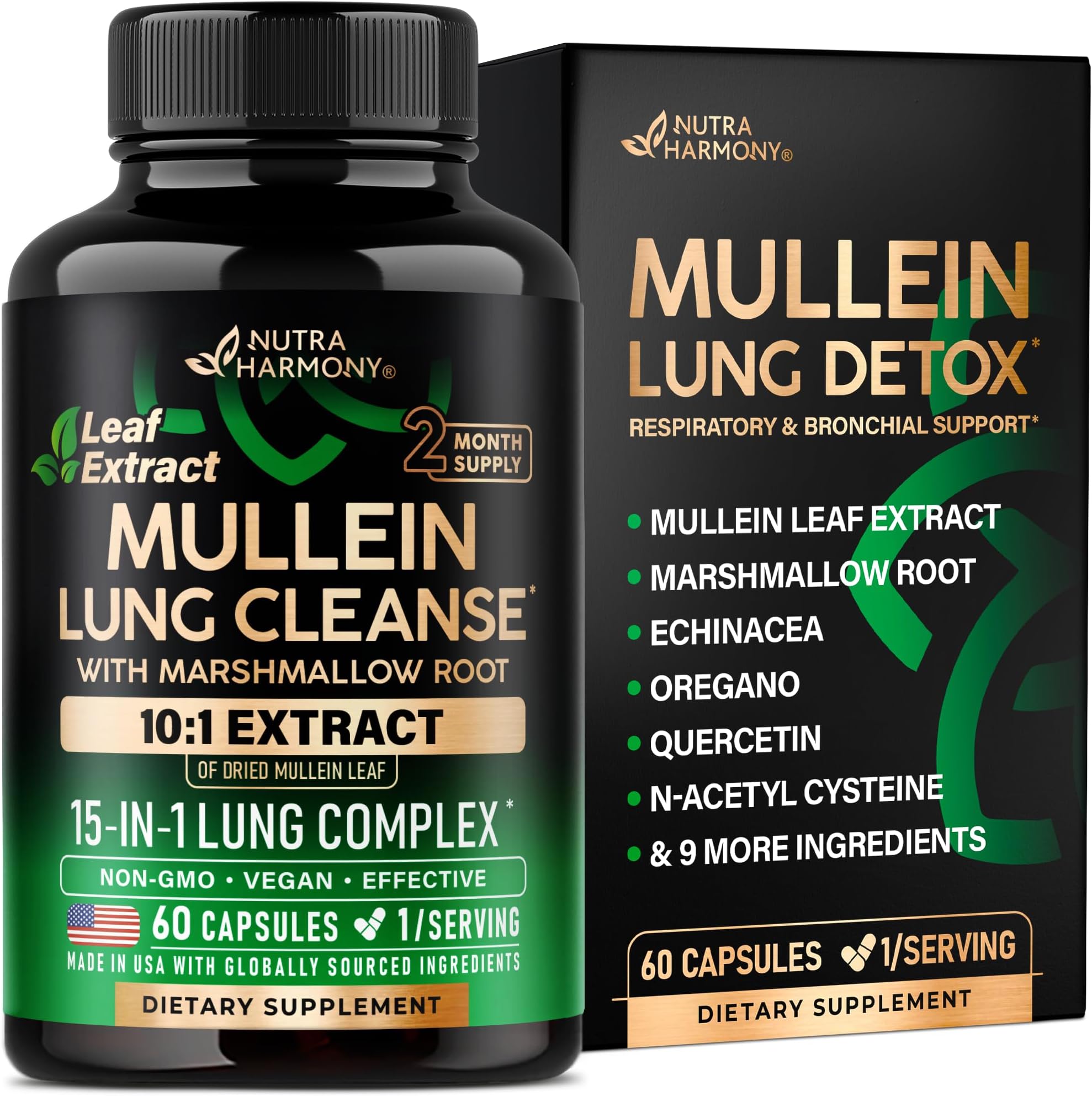 Mullein Lung Detox - Mullein Leaf 10:1 Extract - Marshmallow Root | Echinacea | Oregano | Quercetin | NAC - 15-in-1 Lung Support & Cleanse for Smokers Supplement - Made in USA - As Drops - 60 Capsules