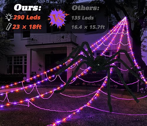 Miniatura 2 de Telarañas para decoración de Halloween al aire libre, 290 luces LED de telaraña, decoración con araña grande de 78.7 pulgadas y telaraña elástica de
