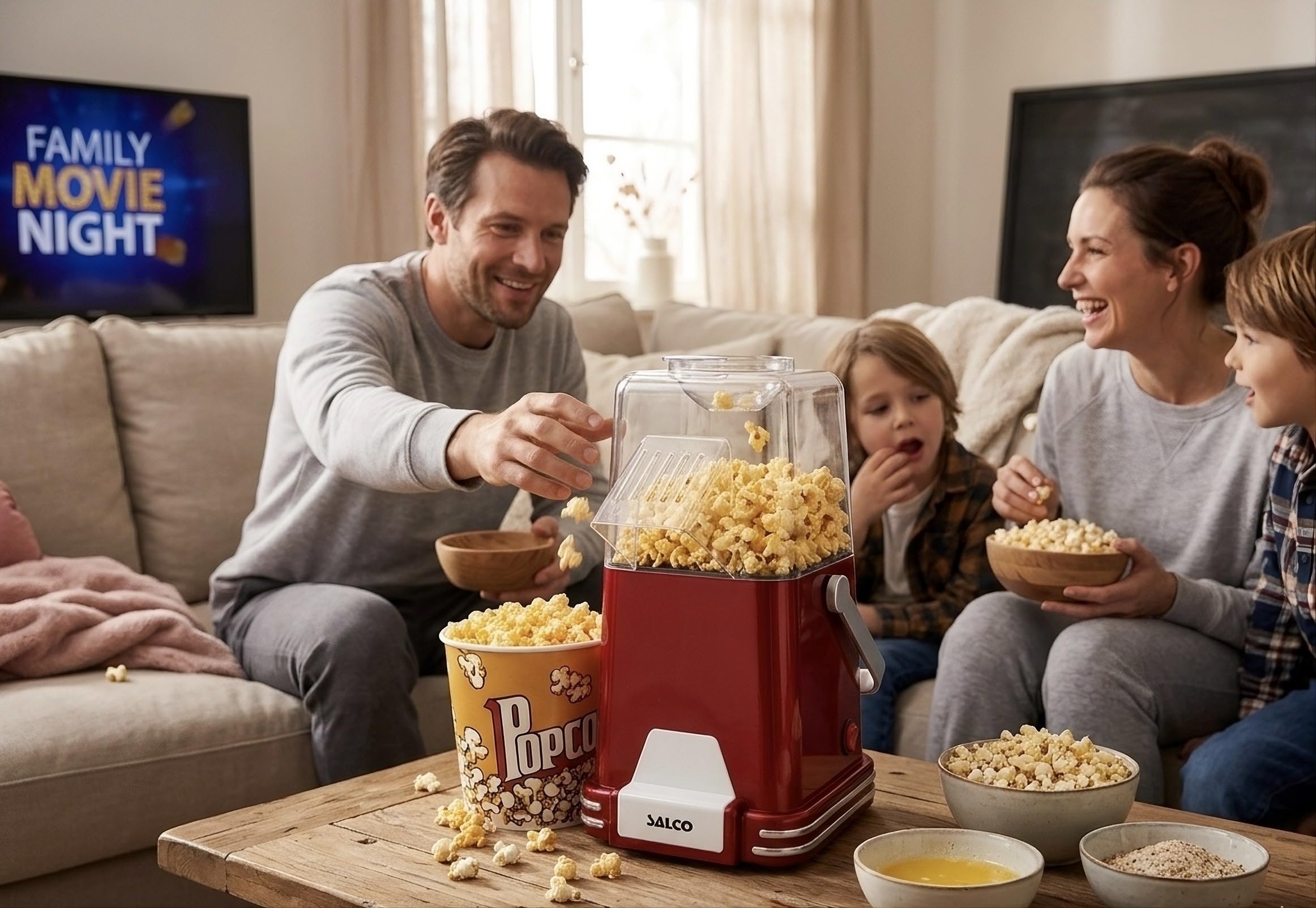 Salco Máquina de Palomitas | Retro Popcorn Maker con diseño años 50 | Tecnología de aire caliente | Sin aceite y sin grasa | 1100W | Preparación rápida | Rojo