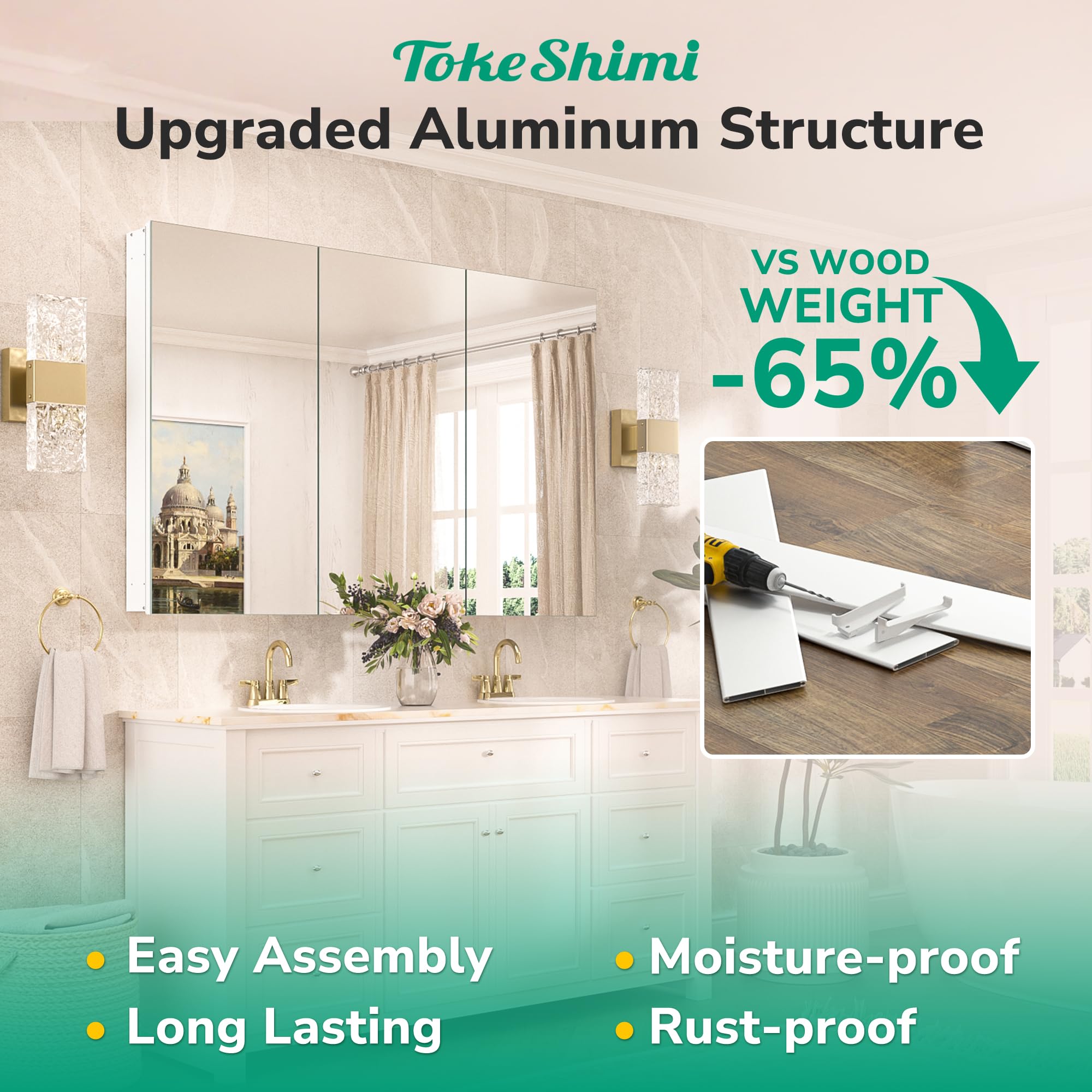TokeShimi Botiquín de 24 x 32 pulgadas con espejo empotrado o montaje en pared, botiquín de baño de aluminio templado blanco con espejo con almacenamiento ajustable continuo de metal para casa de