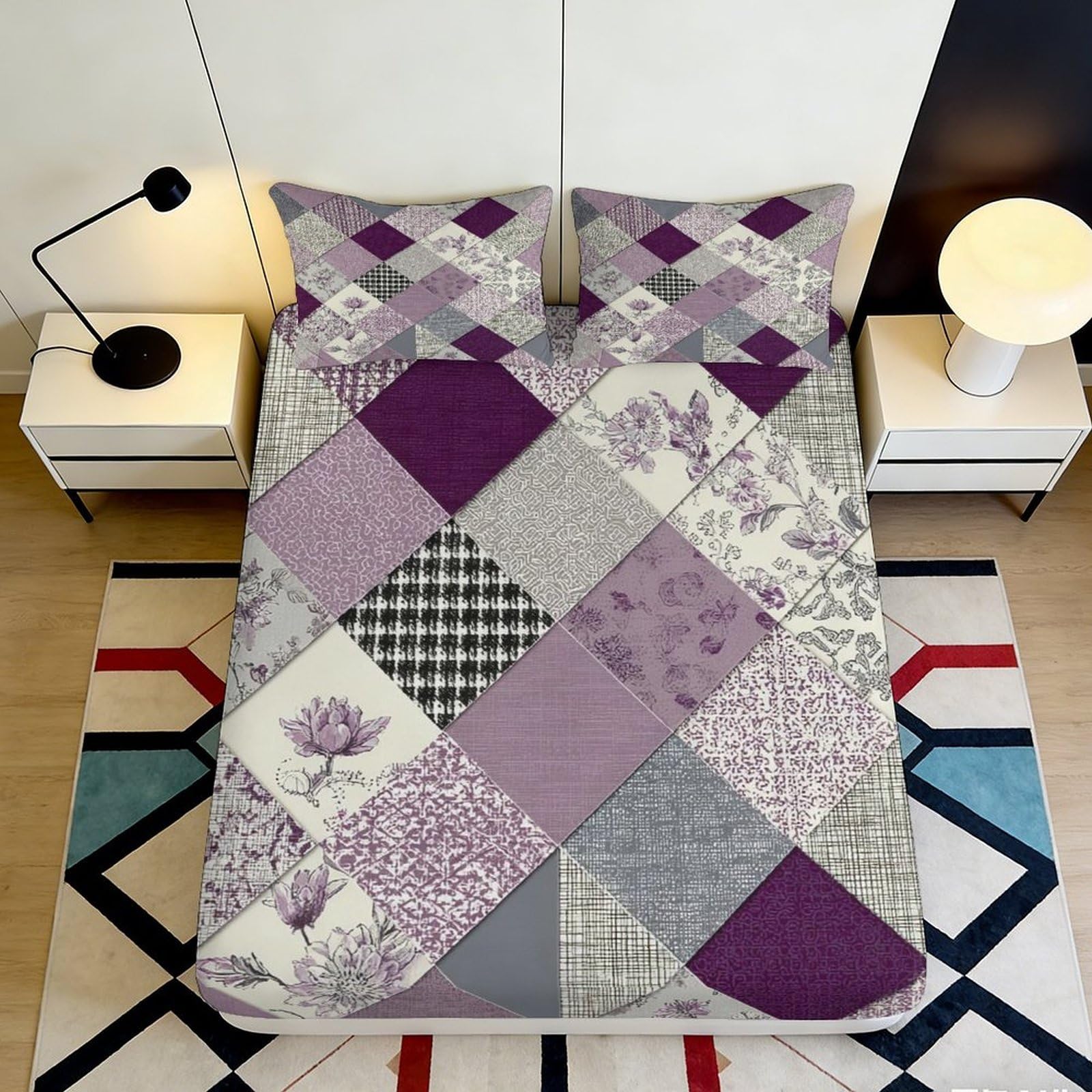 3D Printed Purple Patchwork Fitted Sheet Microfiber Soft Breathable Floral Geometric Bed Cover for Bedroom Guestroom Decor 90x200x25cm