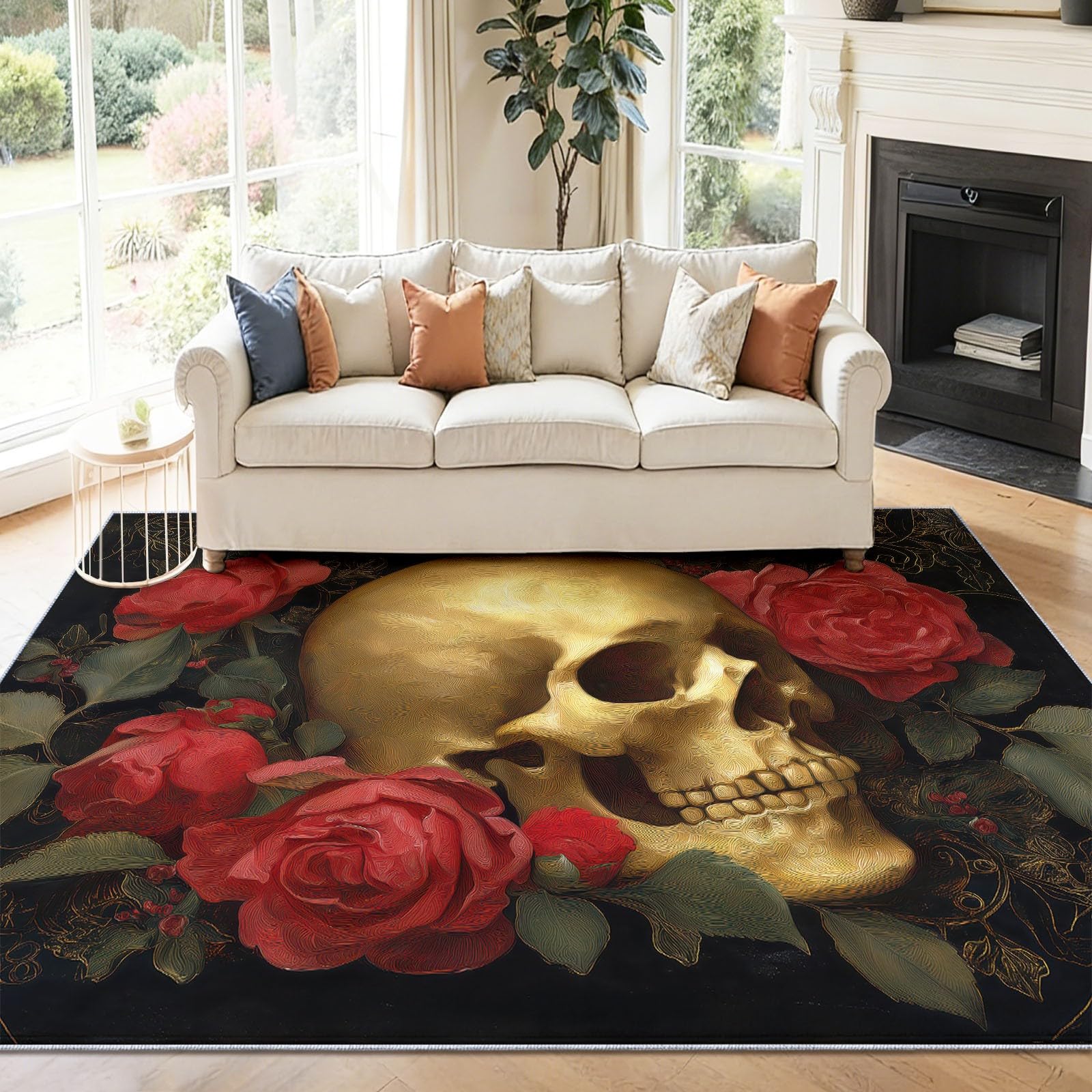 Tapis lavable machine salon crânes gothiques rouge 160x230 tapis entrée antidérapant chambre
