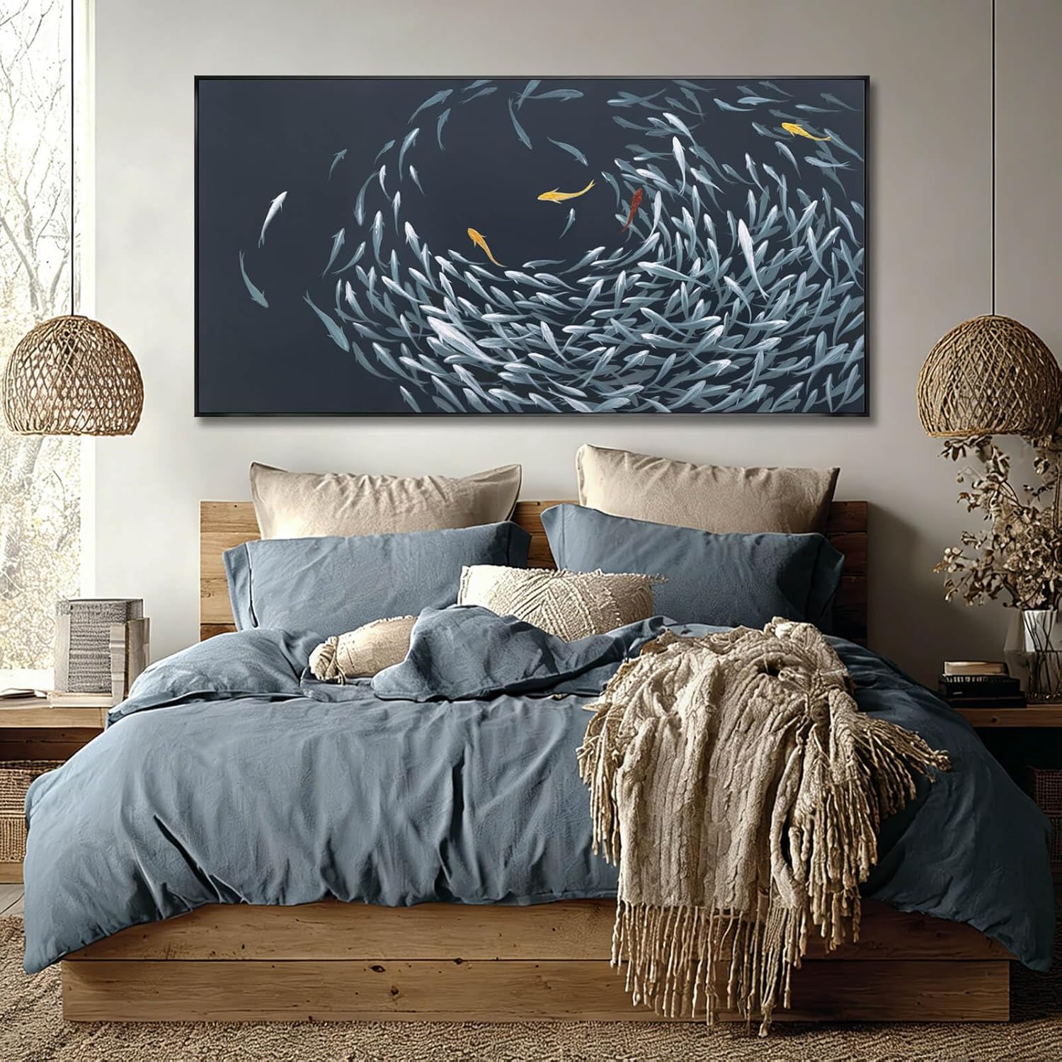 Framed Wall Art,Sea Fish Wall Decor for Living Room,Blue Beach Theme Artwork,Coastal Large Pictures Poster Prints Arts for for Bedroom Dining Room 29"x58"
