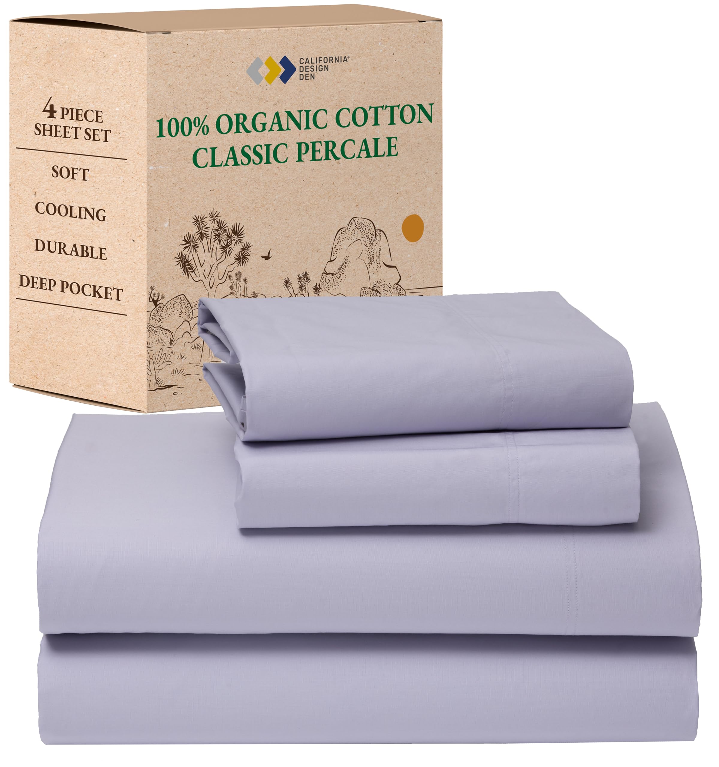California Design Den Queen Size Bed Sheets - Soft 100% Percale Cotton Sheets with Deep Pockets, Crisp Percale, Breathable and Durable Bedding Set - Lavender Mist