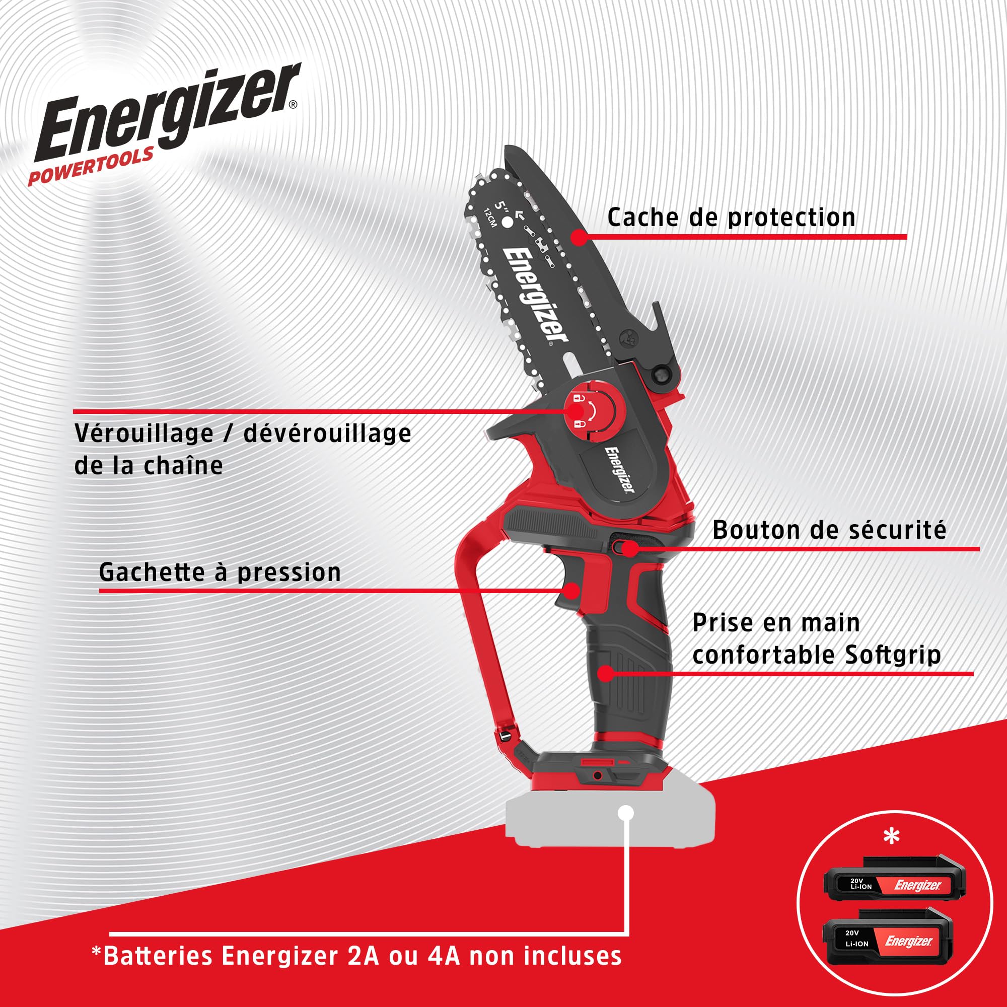 Image secondaire de Tronçonneuse Sans Fil Energizer 20V Ultra Compacte avec 2 Batteries et Chargeur