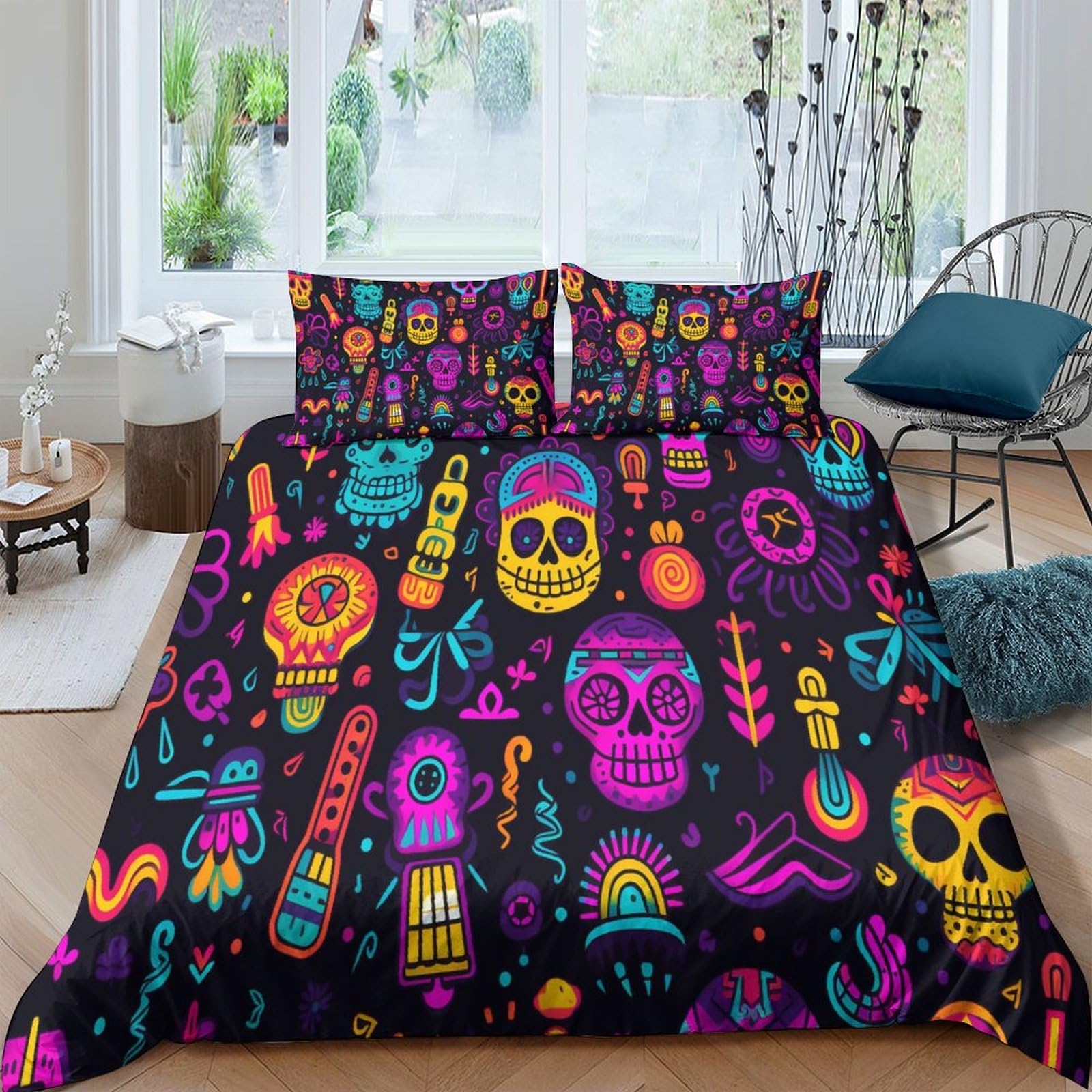 Housse de couette néon Skull 3D pour illuminer une chambre d'ado ou un studio moderne
