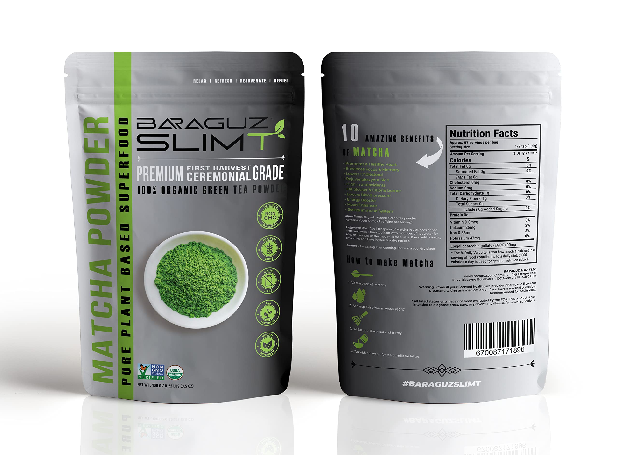 Baraguz SlimT Organic Ceremonial Grade Matcha Green Tea Powder - Authentic Premium First Harvest 3 53 Ounces — view 3