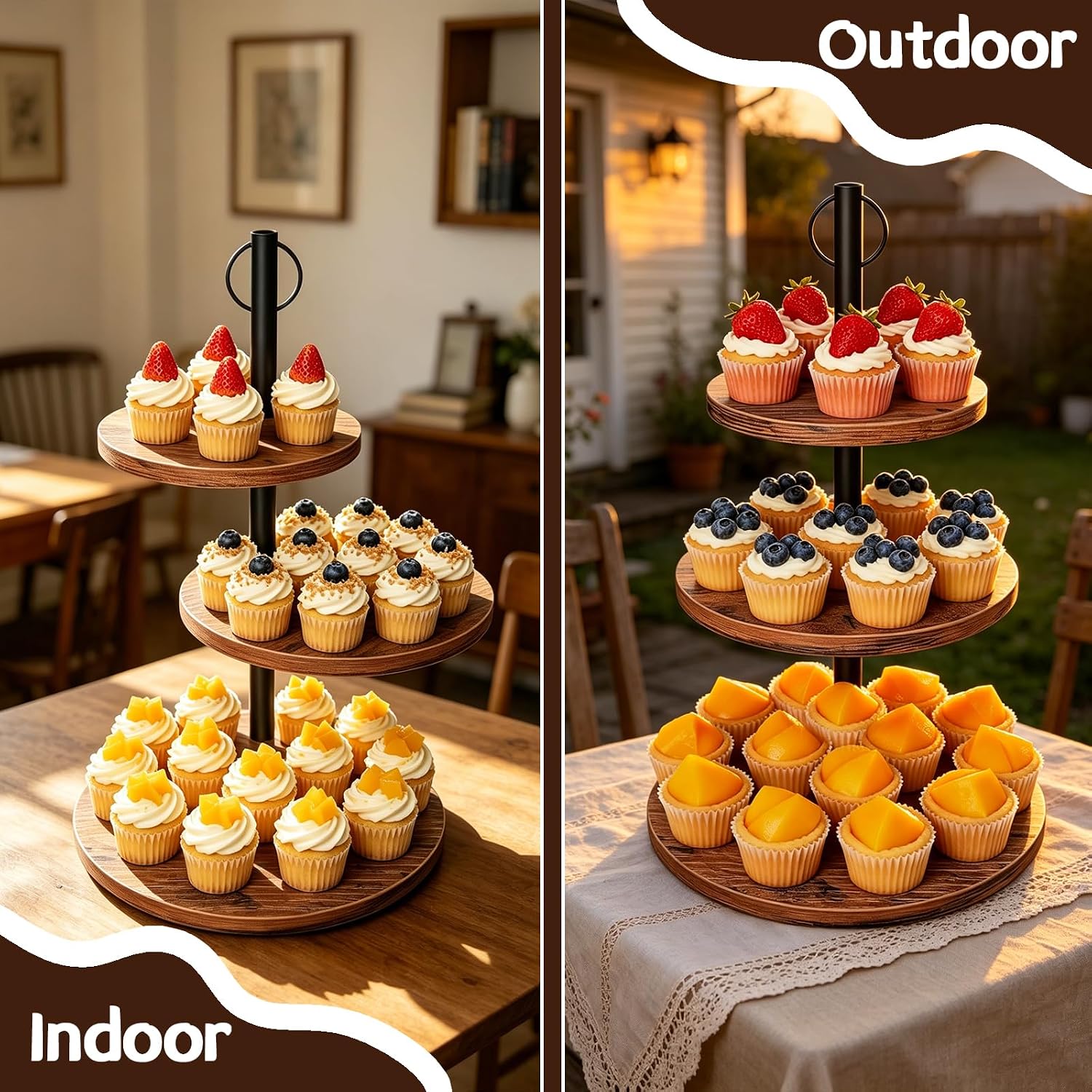 Cupcake Stand, 3 Tier Cake Stands Rustic Wood Cupcake Tower Round Tiered Tray Stand for Dessert Table Display, Industrial Wooden Serving Stand Wedding, Graduation and Baby Shower