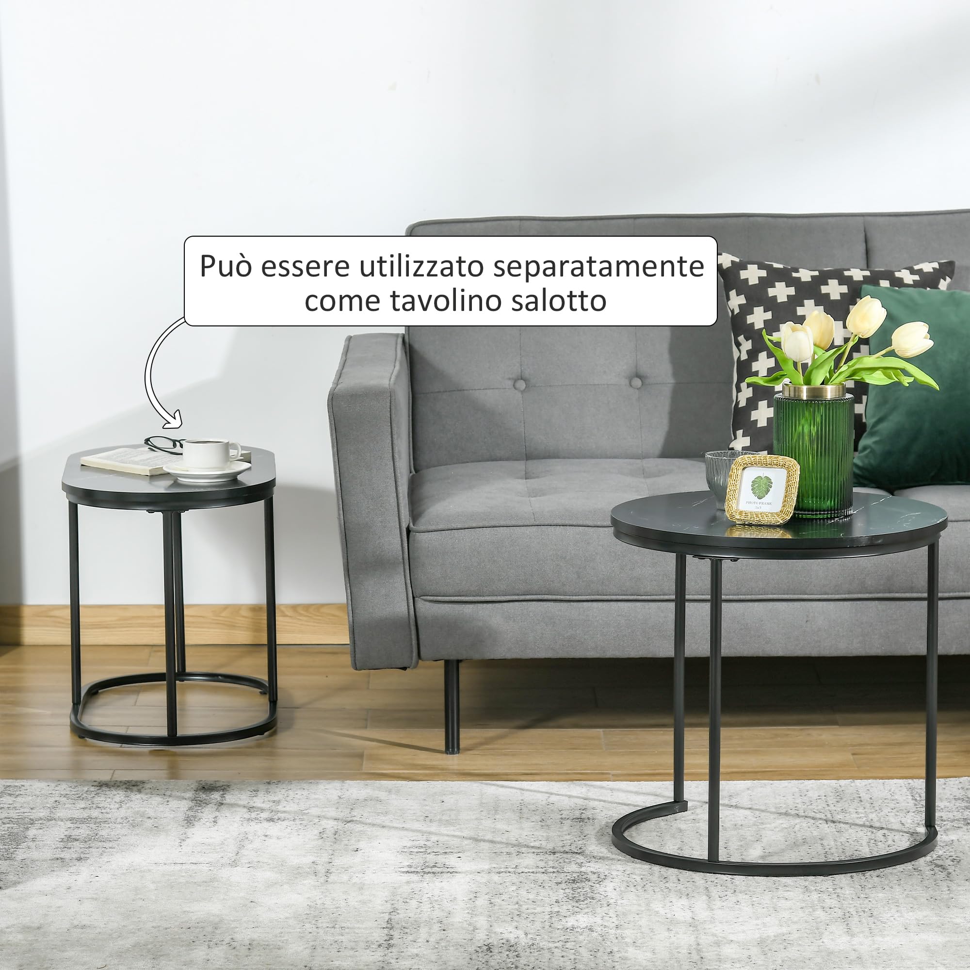 HOMCOM Tavolino Salotto Sovrapponibili con Piano Effetto Marmo, Tavolino da Salotto Moderno con Piedini Regolabili in MDF e Acciaio, per Soggiorno, Camera da Letto, Nero