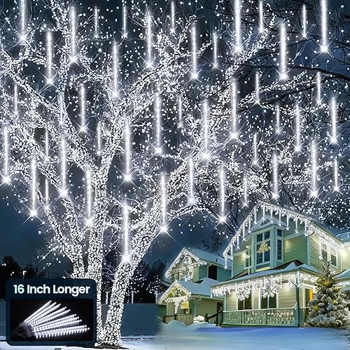 Miniatura 8 de Aluan Luces de Navidad para exteriores, luces blancas de lluvia de meteoritos de 16 pulgadas, 10 tubos, 360 LED, luz de lluvia que cae impermeable,