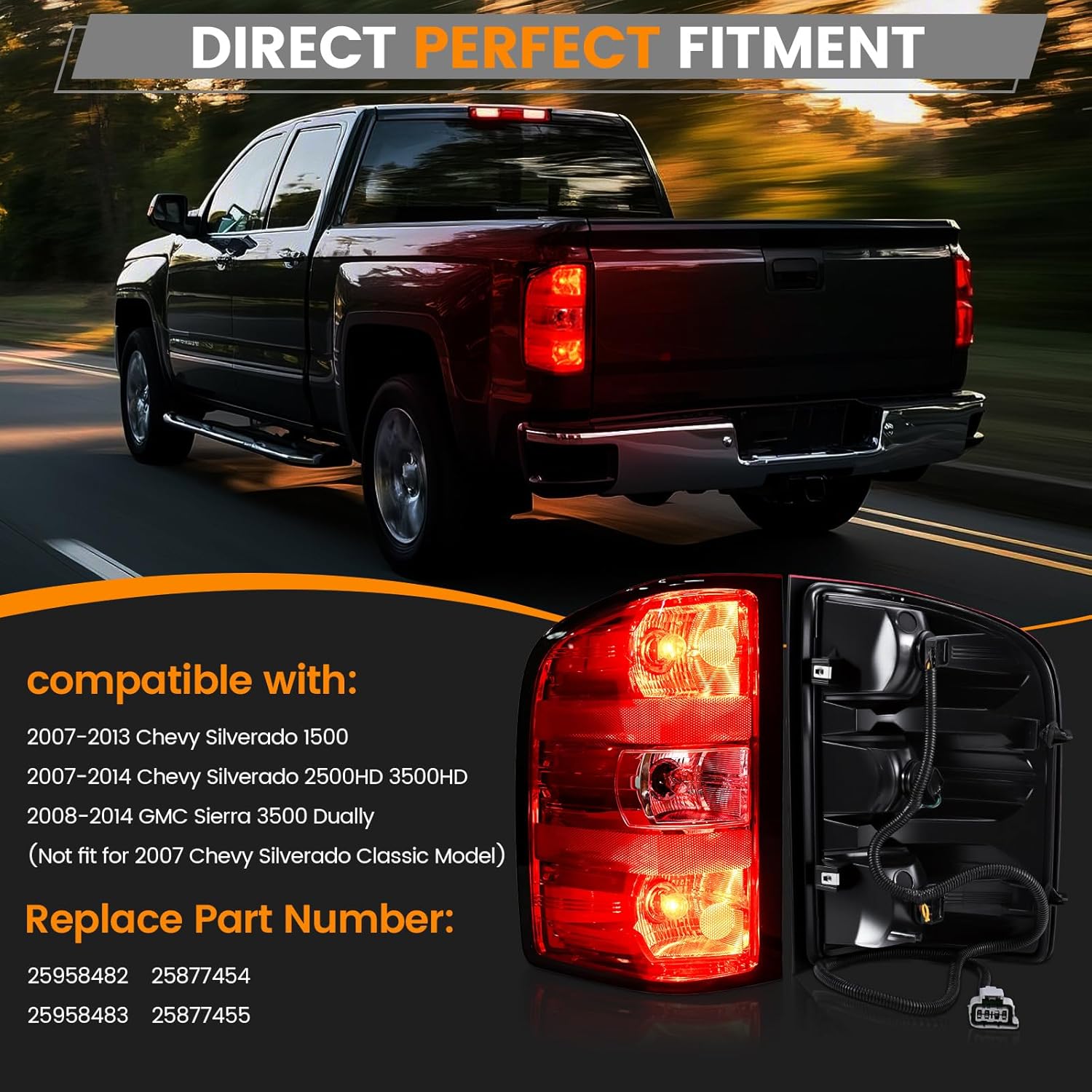 Tail Lights Assembly Compatible with 2007-2013 Chevy Silverado 1500 2500HD 3500HD Rear Brake Taillight Replacement Set Left Driver & Right Passenger Side, with Bulbs & Harness