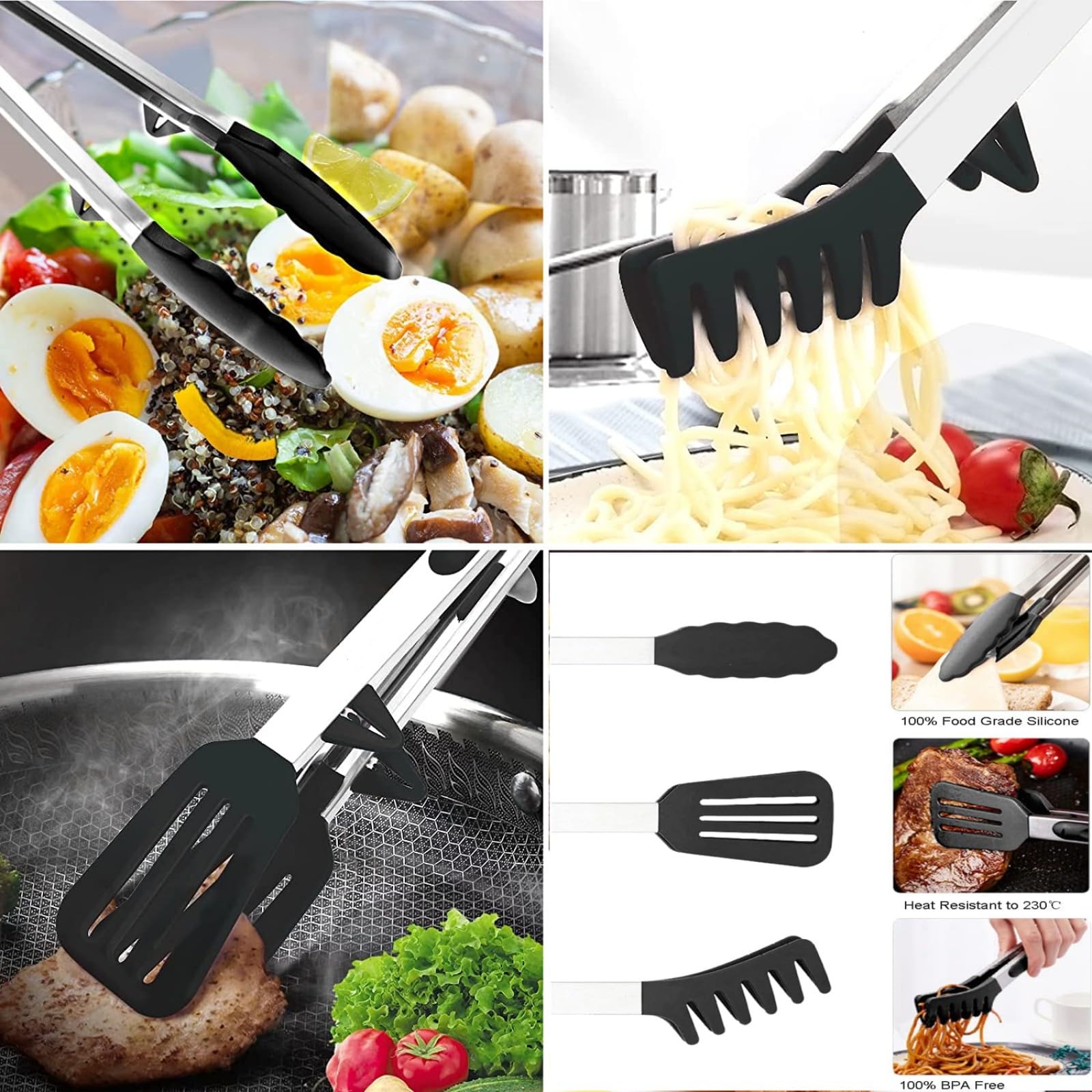 Pinze Chiusura A Scatto Set 3 Pinze Da Cucina In Acciaio Inox Con Punte Silicone - Per Grill, Spaghetti, Barbecue, Resistenti Al Calore Fino A 230°C Pinze Per Barbecue Con Silicone