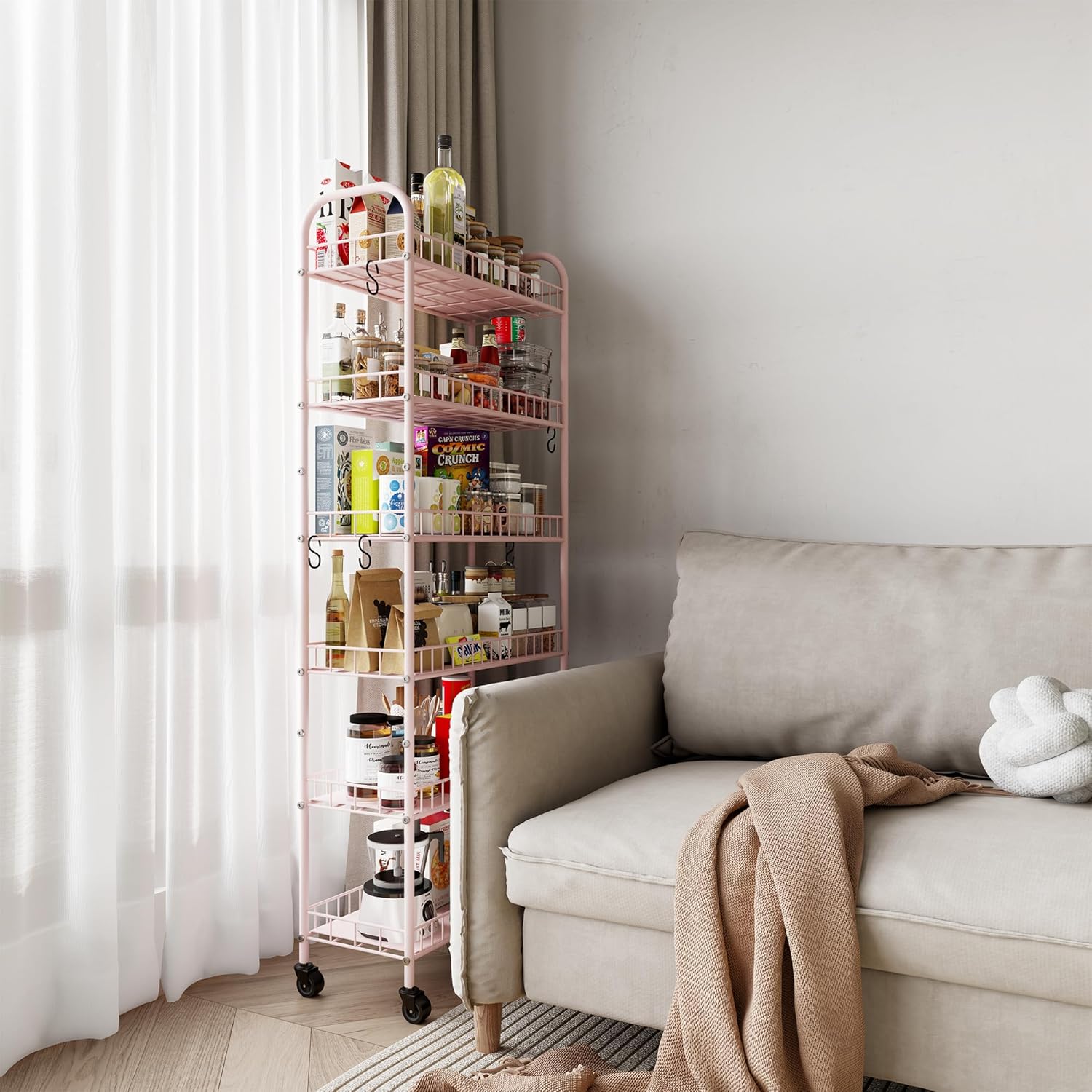 6 Tier Slim Rolling Storage Cart with Wheels, Metal Mobile Shelving Unit Organizer Utility Cart for Office Bathroom Kitchen Laundry Room Narrow Places (Pink 10 Inches)