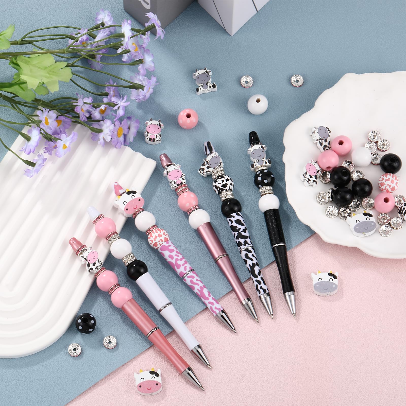 WEWAYSMILE 12 Pieces Beadable Pen DIY Ballpoint Pen Set in Black Ink With Round Wooden Beads,Rhinestone Spacer Beads,Shaped Wooden Beads,Cute Beaded Pen for Schools Office Supplies(Cow) - Image 3