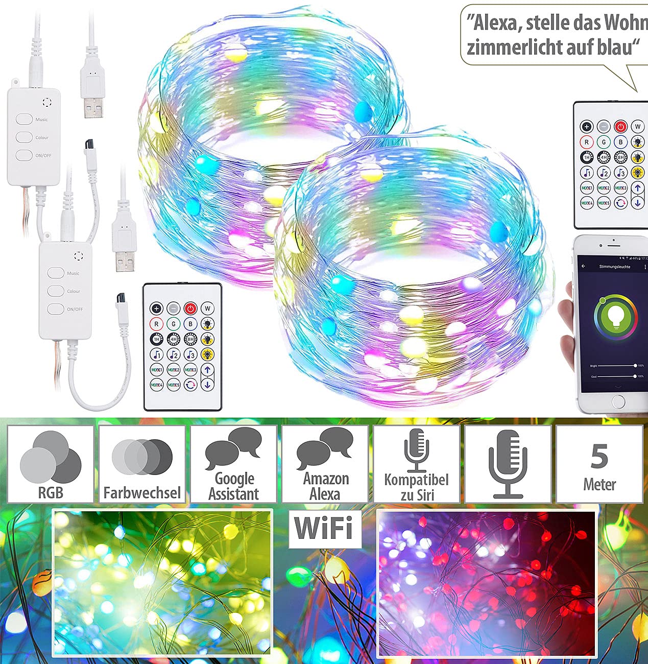 2 guirlandes à LED RVB connectées compatibles commandes vocales - 5 m [Luminea Home Control]