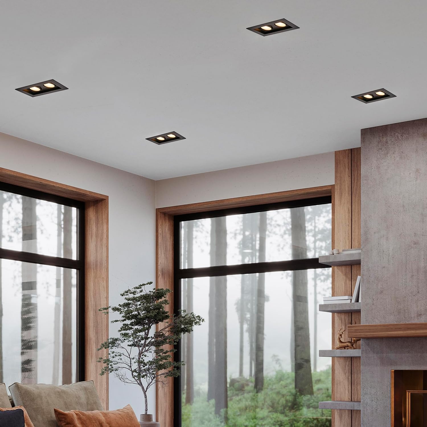 Maxxima 4 in. Two Head Slim Square Recessed Anti-Glare LED Gimbal Downlight, Black, Canless IC Rated, 2000 Lumens 5 CCT Selectable 2700K/3000K/3500K/4000K/5000K Dimmable 90 CRI J-Box Included