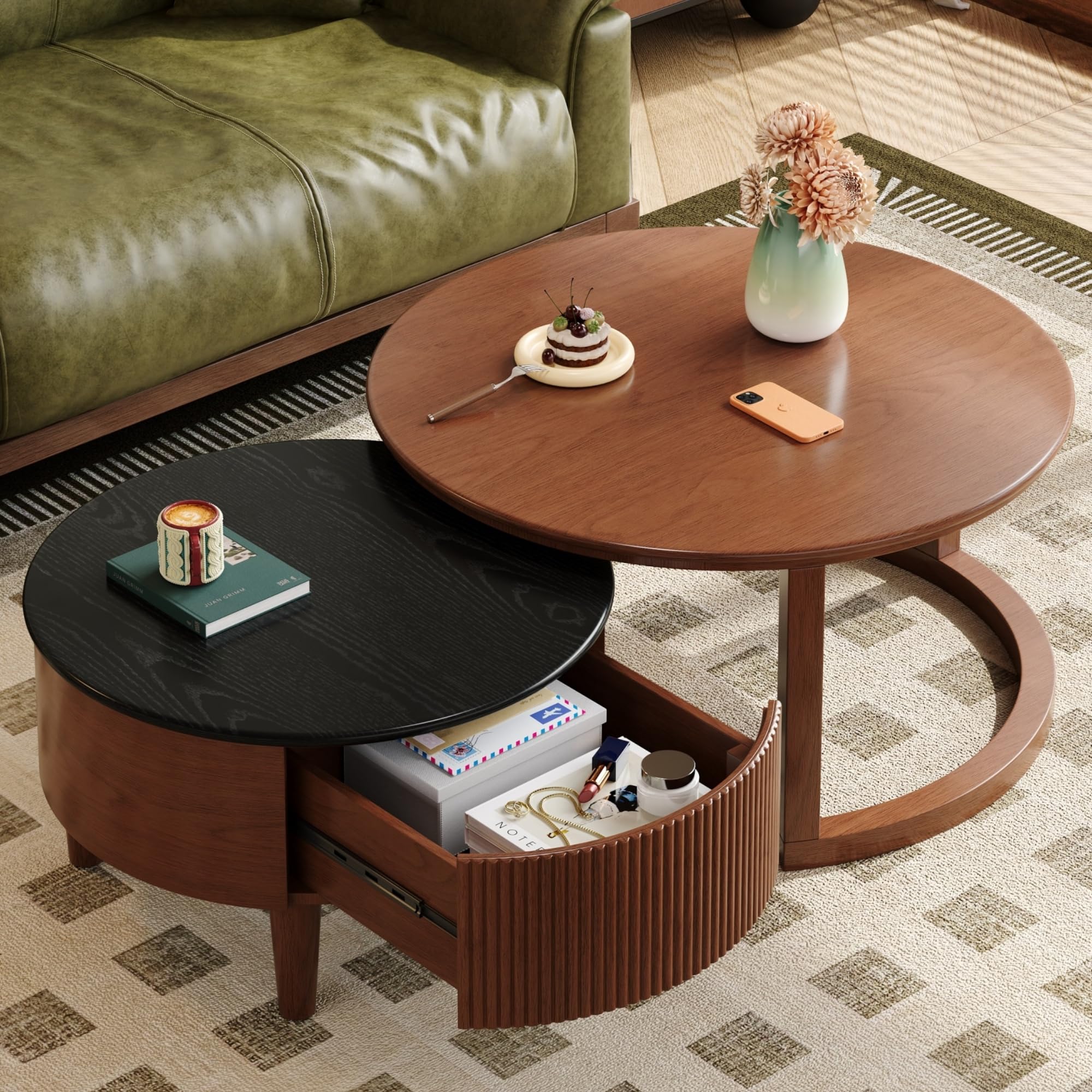 31.5'' Vintage Round Nesting Wood Coffee Table Set, 2-Tier with Drawer & Storage, Two-Tone Finish Fluted Design for Living Room Apartment, Walnut+Black
