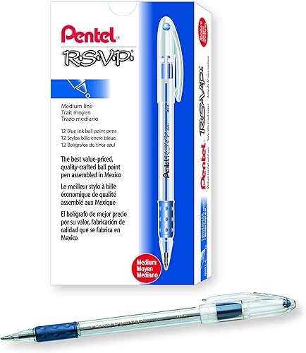 Pentel R.S.V.P. Bolígrafo, trazo medio, tinta azul, paquete de dos unidades (BK91BP2C), Azul