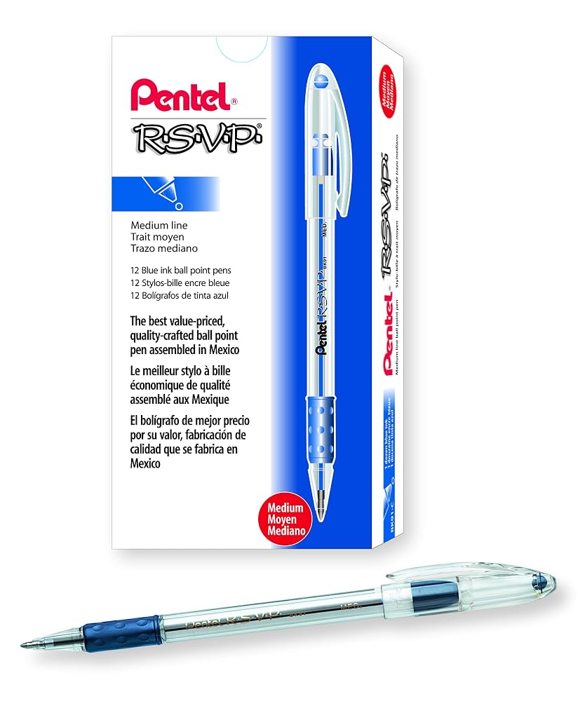 Pentel RSVP Ballpoint Pen, (1.0mm), Medium Tip, Blue Ink, Box of 12 (BK91-C)