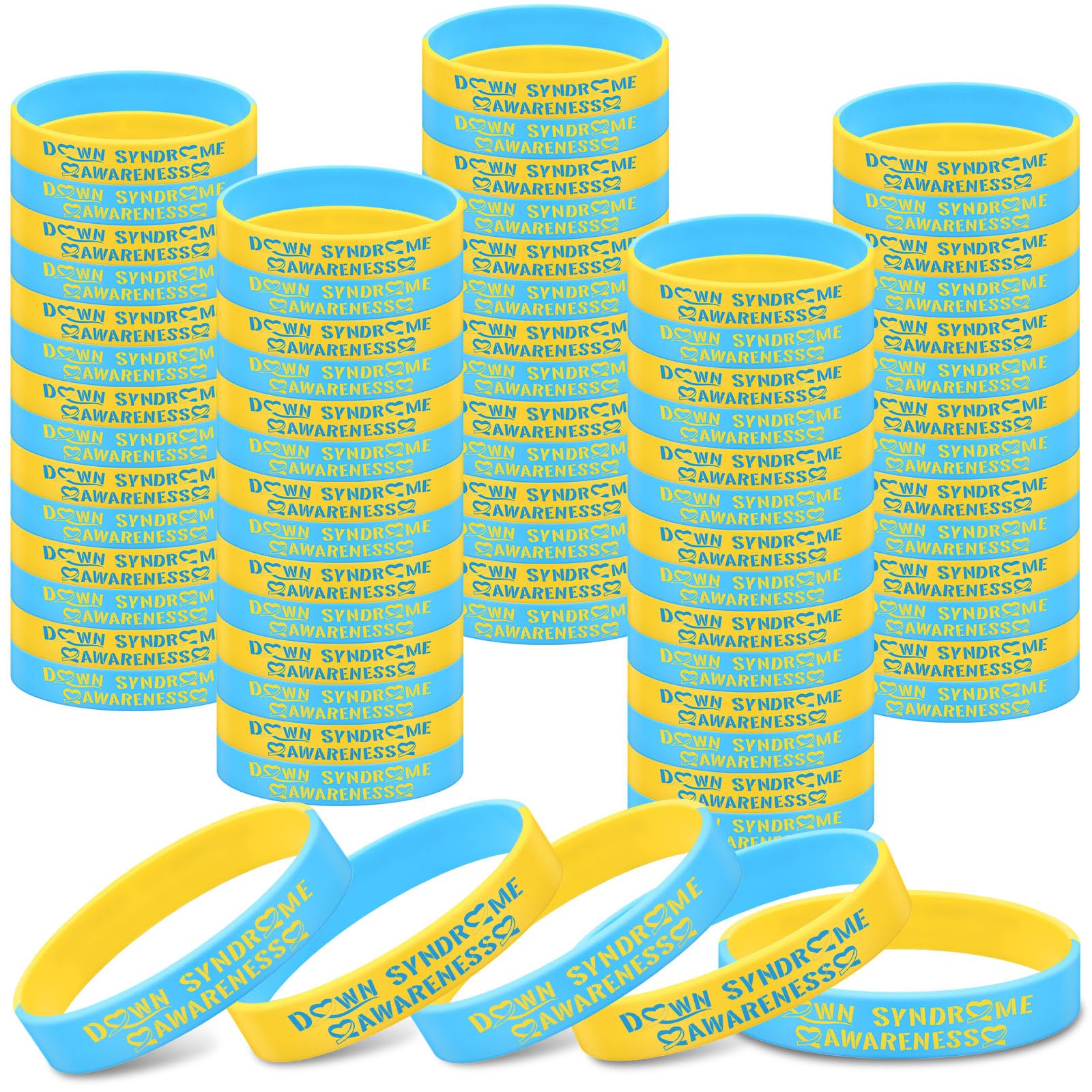Simgoing 100 Pcs Down Syndrome Awareness Silicone Bracelet Wristband Stretch Blue Yellow Down Syndrome Bracelet for Men Women Teen Unisex School