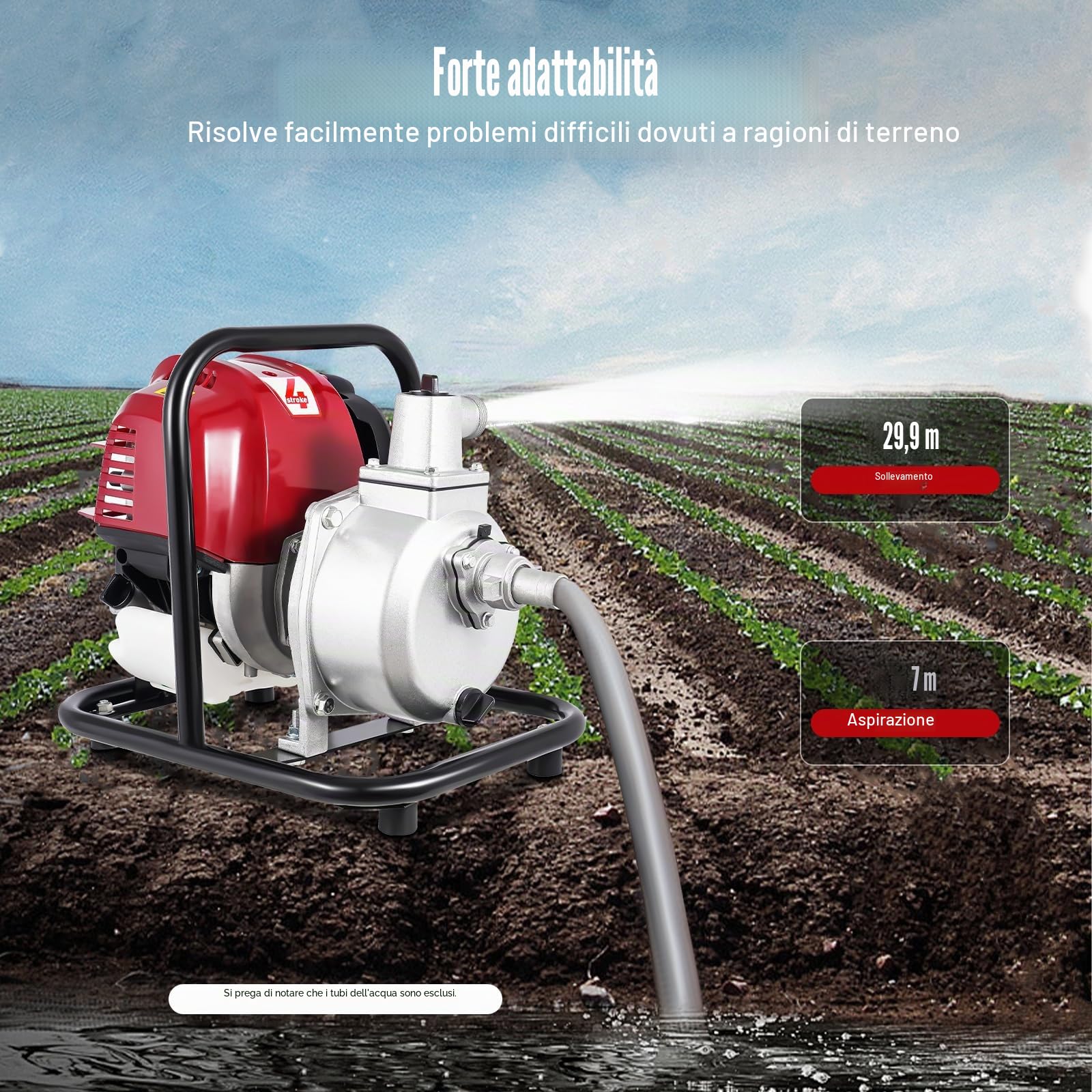 Pompa dell'acqua a benzina a 4 tempi, pompa motore da 1,2 kW con 8100 l/h e 30 m di altezza di estrazione, 10500 giri/min, avviamento via cavo, capacità serbatoio olio 900 ml, diametro