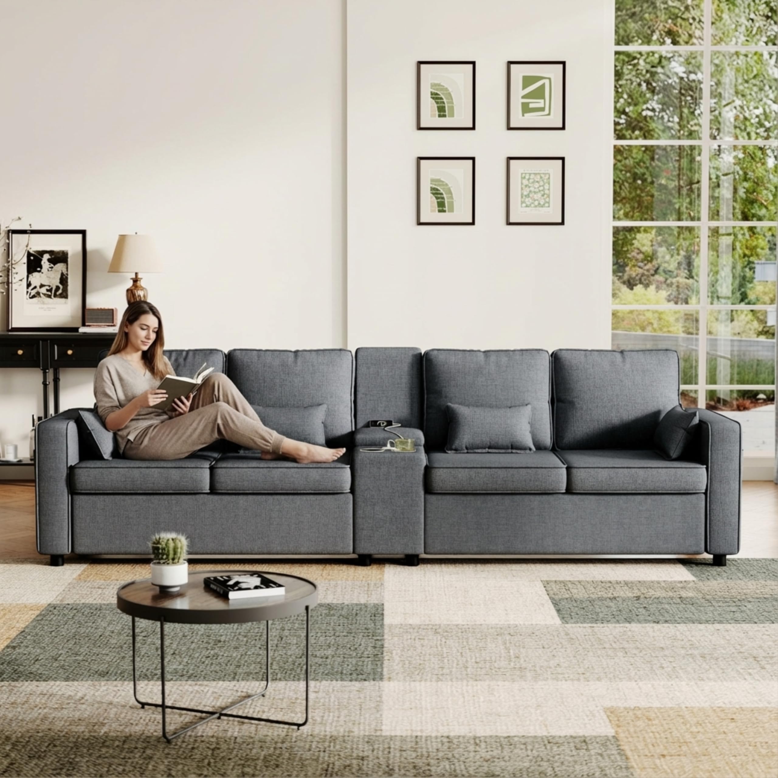 4-Seater Sofa with Storage Console, Minimalist Style Couch with Side Pockets, Cup Holders and Charging Ports (USB & Type-C), for Living Room, Office, Apartment, Linen, Grey