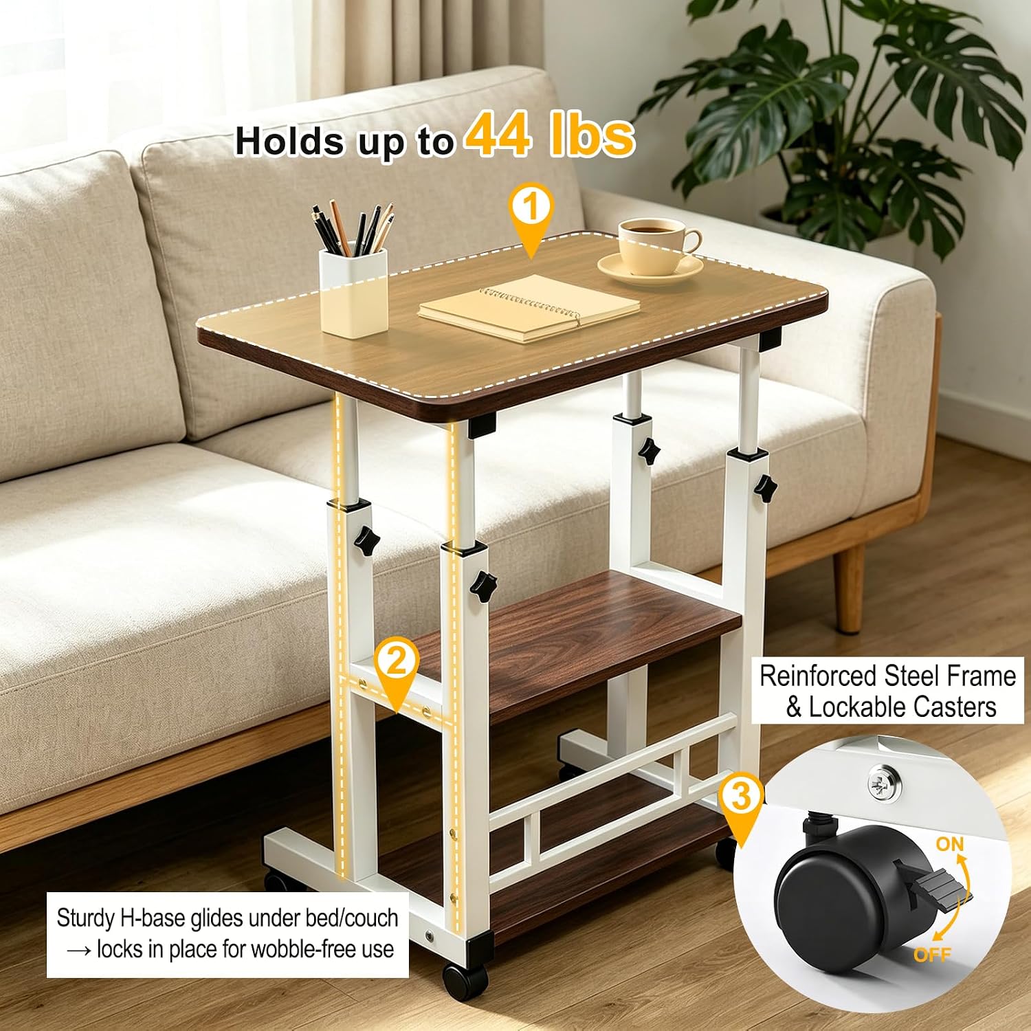 Height Adjustable 2-Tier Side Table with Wheels, Mobile End Table | for Couch & Bed, Small Nightstand with Storage Shelves for Living Room, Bedroom, Home Office, 23*16 inch, Gark Walnut