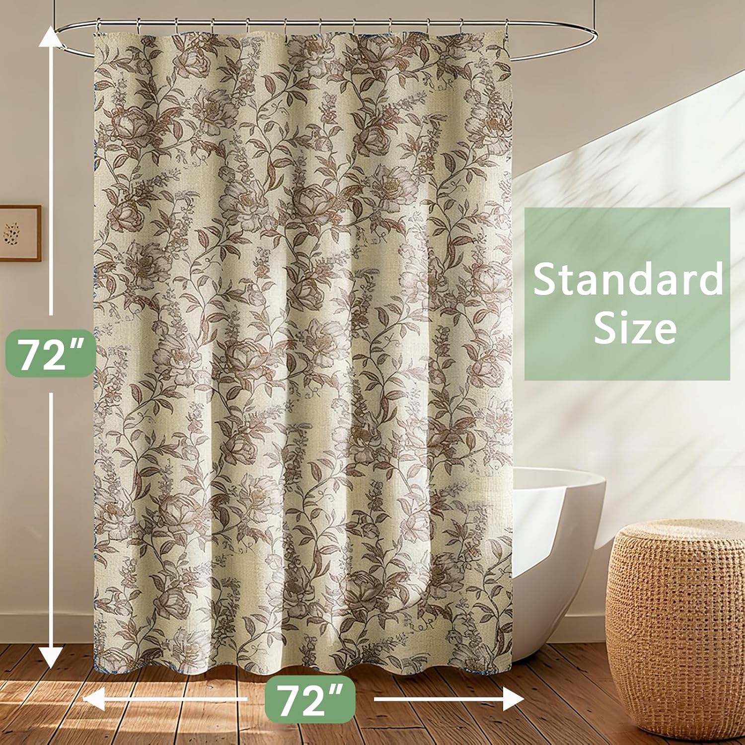Farmhouse Brown Floral Shower Curtain with 12 Clear Rings, Fabric Faux Linen Shower Curtain Set, Vintage Cottagecore Shower Curtain for Bathroom 72" W x 72" L