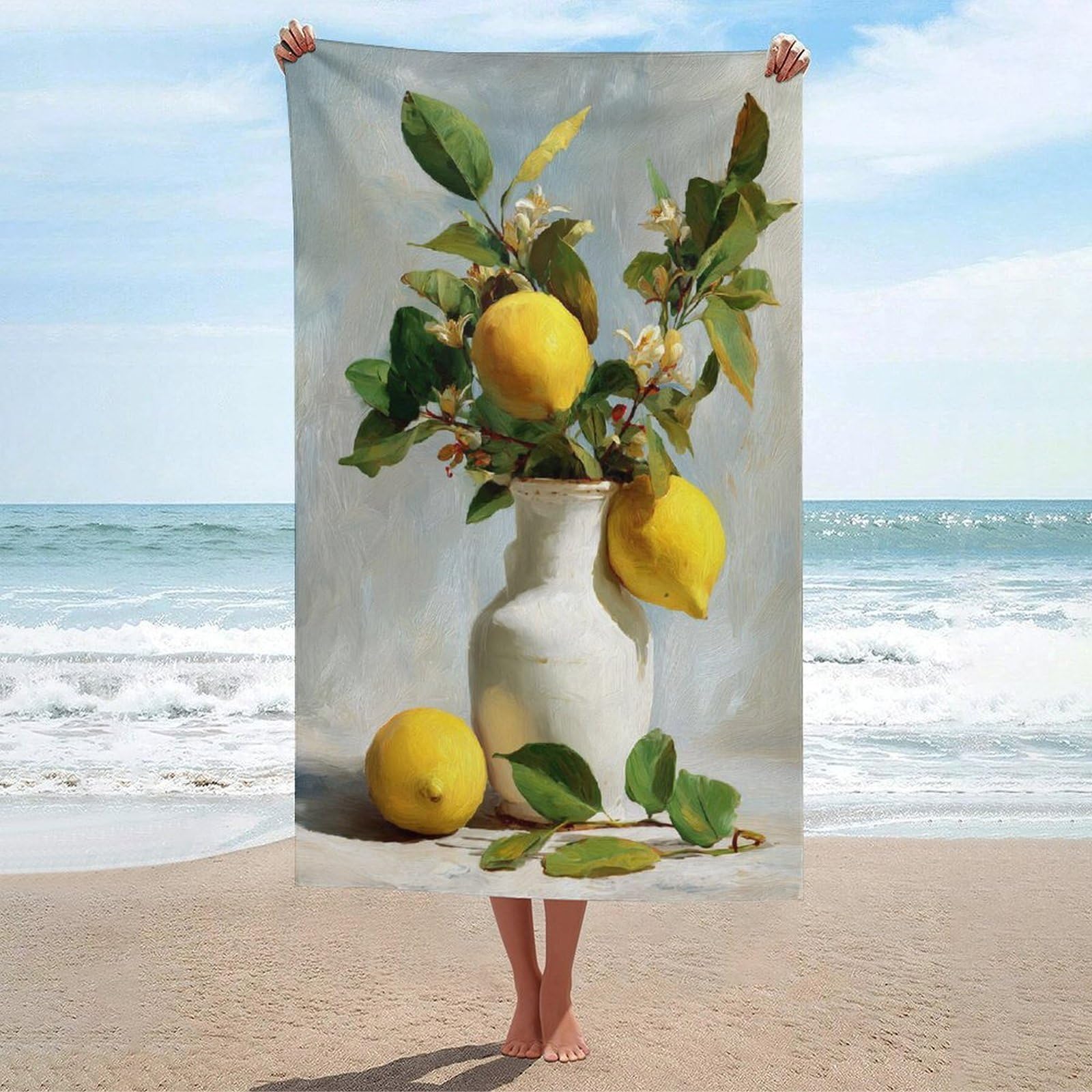 asbwuo White Vase with Lemon Flowers and Leaves Beach Towel