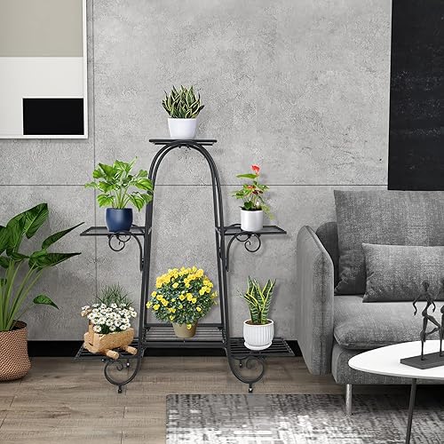 Miniatura 8 de S AFSTAR Soporte de metal para plantas de 6 niveles, soporte de exhibición de plantas resistente con almohadillas ajustables, panel de soporte de