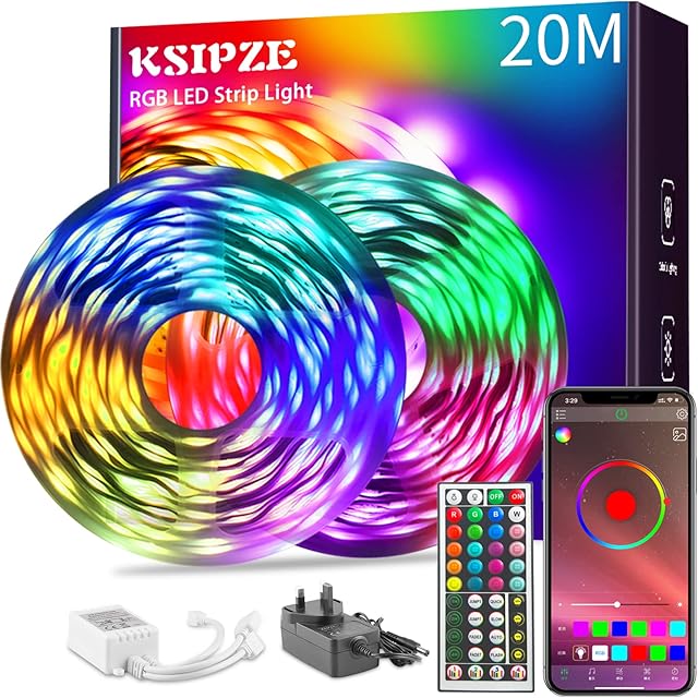 KSIPZE 20m Led Strip Lights(2 Rolls of 10m) RGB Music Sync Color Changing, Led Lights with Smart App Control Remote, Led Lights for Bedroom Lighting Flexible Home Decoration