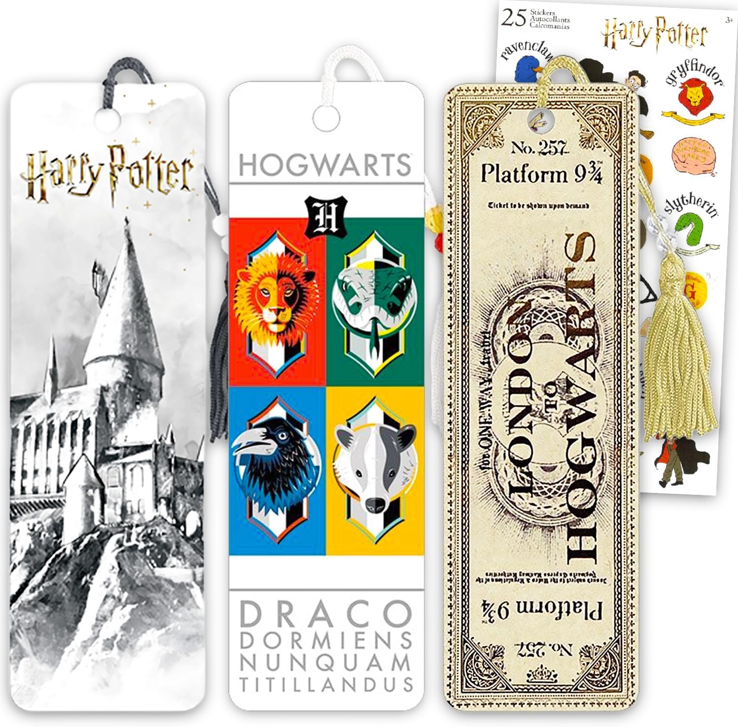 Harry Potter Bookmark Set - Bundle with 3 Bookmarks Featuring Book Covers, Hogwarts Castle, More Plus Stickers | Harry Potter School Supplies for Boys Girls Kids