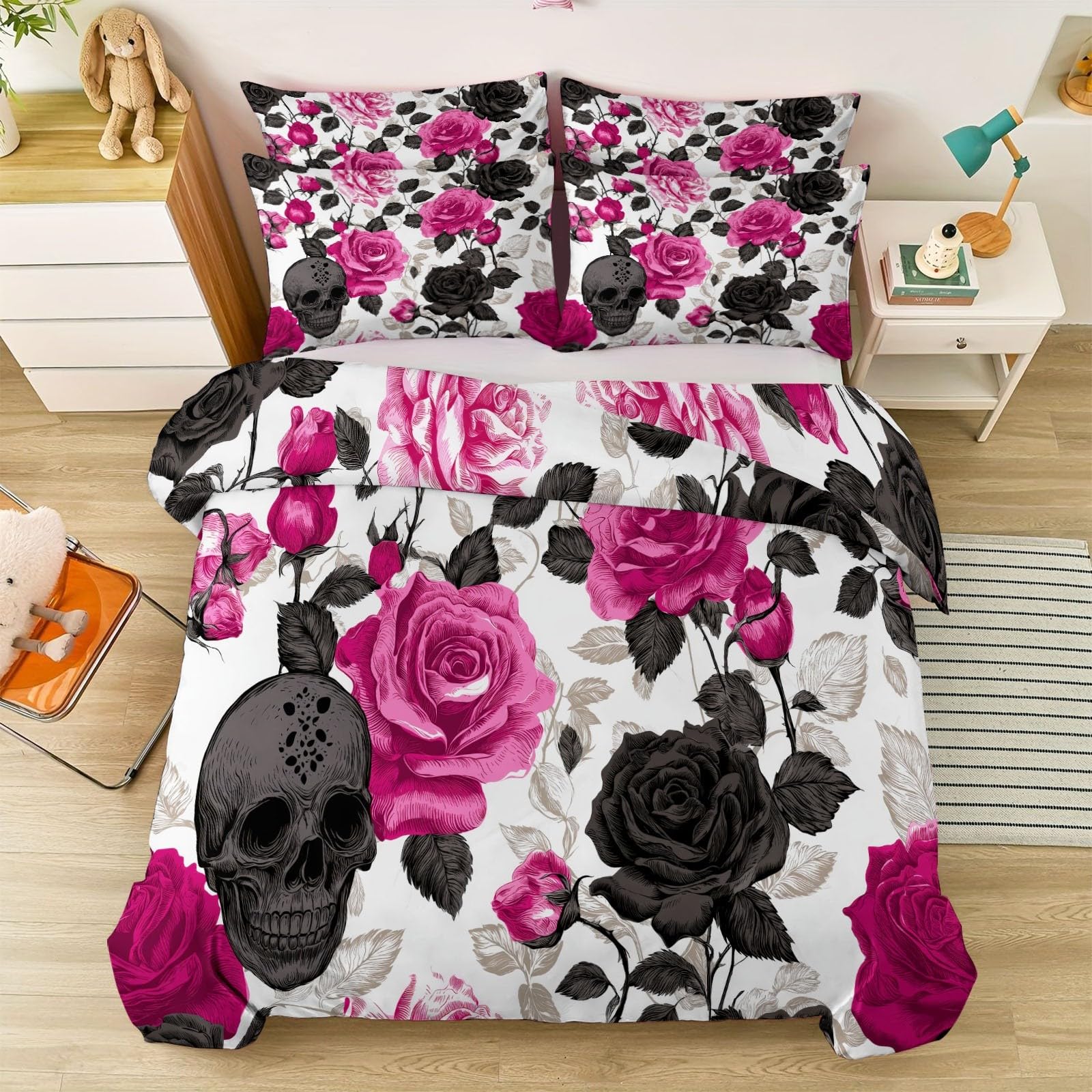 Housse de couette chambre gothique roses crânes pour lit double 240x260 cm