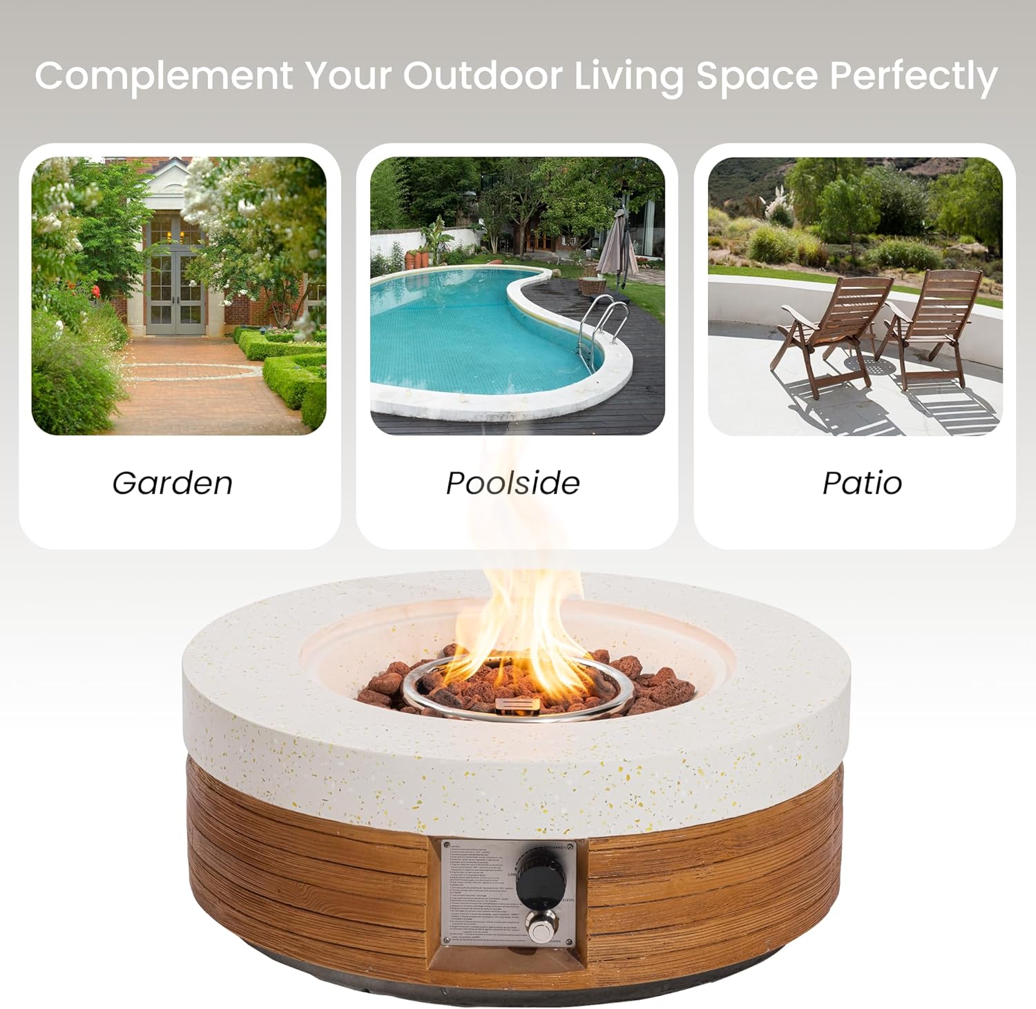 28inch Round Propane Fire Pit Table–Portable Natural Wood Finish,Auto-Ignition,50,000 BTU,Includes Lava Rocks & Waterproof Cover–Ideal for Balcony & Small Patios