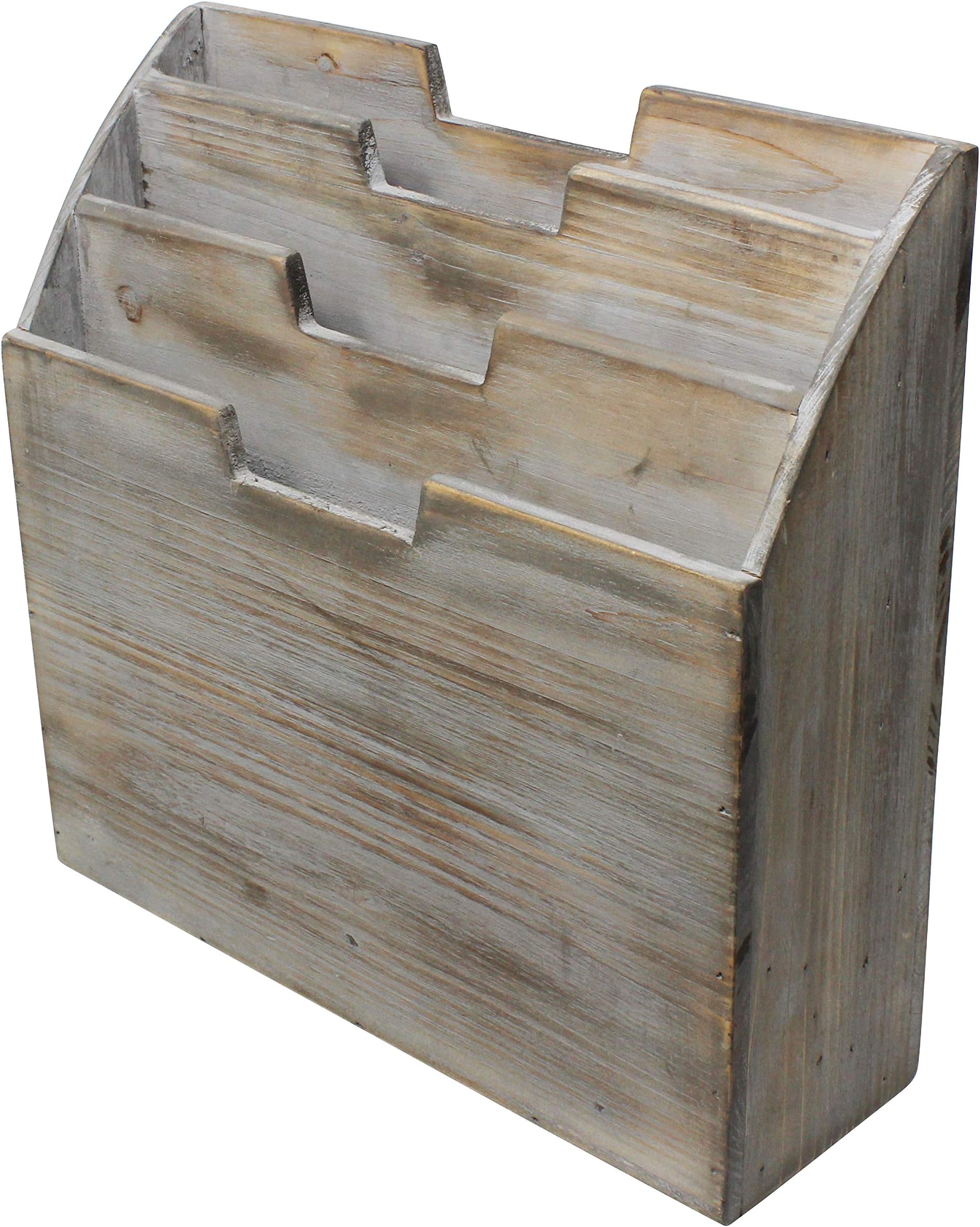 Vintage Rustic Wooden Office Desk Organizer & Vertical Paper File Holder For Desktop, Tabletop, or Counter - Distressed Torched Wood โ For Mail, Envelopes, Mailing Supplies, Magazines, or File Folders