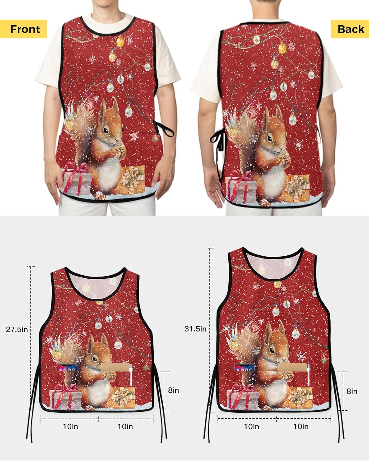 Country Squirrel Cobbler Aprons with 2 Pockets for Women Men, Fashionable Printed Unisex Bib Waterproof Cleaning Smock Vest for Chef Kitchen Christmas Red Balls Snowflake 2 Packs, 20''x 31.5''
