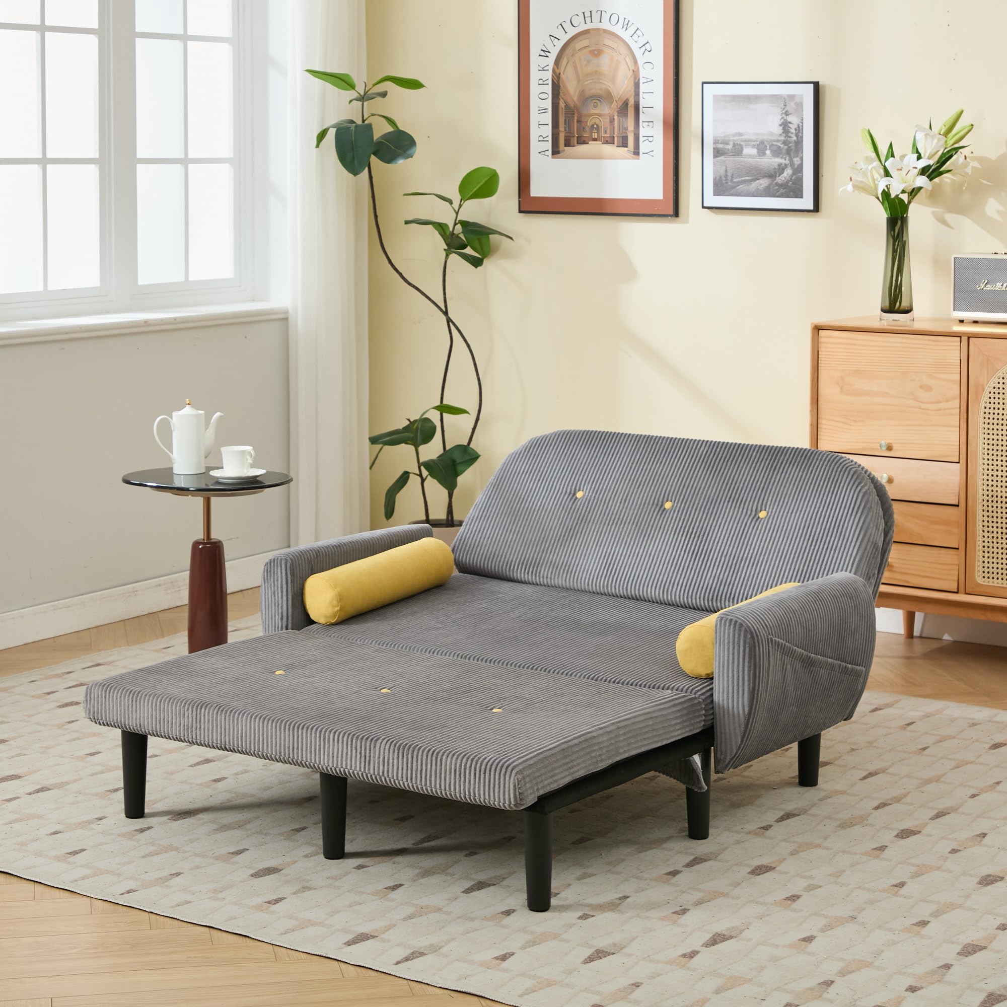 Sofa mit Schlaffunktion, Schlafsofa Klein, Cord Sofa 2 Sitzer, Kann als Sofa, Bett und Liegestuhl, Samtpolsterung für Wohnzimmer und Schlafzimmer, 180 * 128 * 53cm (Grau)